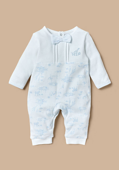 Giggles Printed Sleepsuit with Long Sleeves and Bow Applique-Sleepsuits-image-0