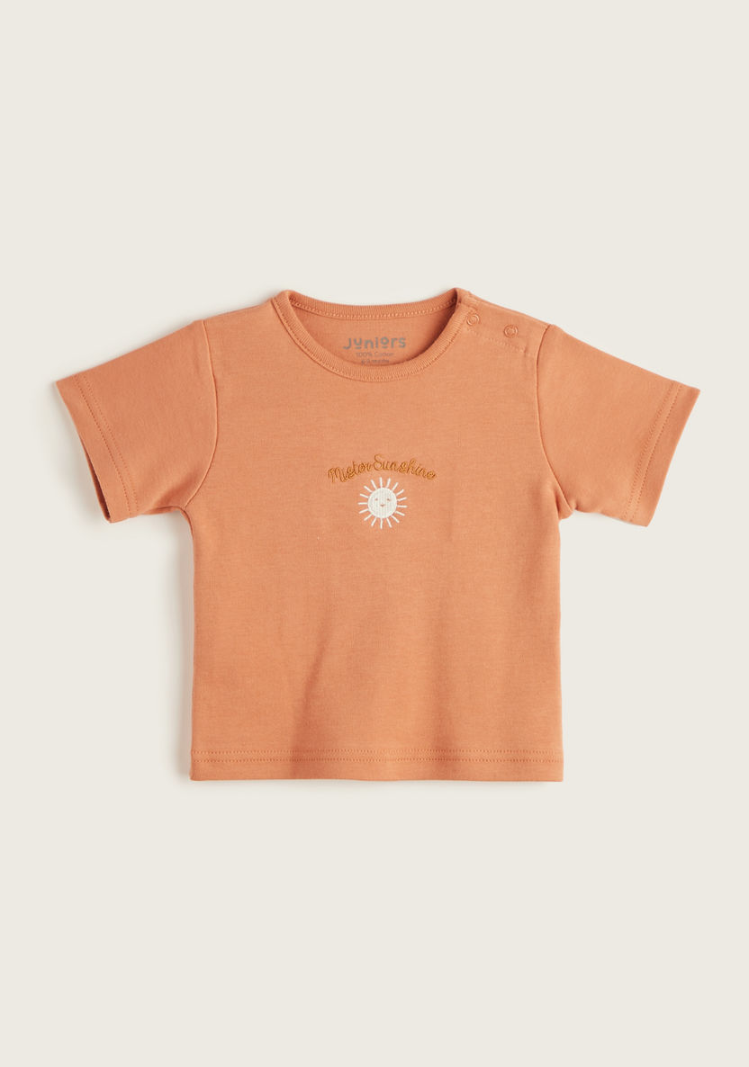 Juniors Embroidered T-shirt with Short Sleeves and Button Closure-T Shirts-image-0