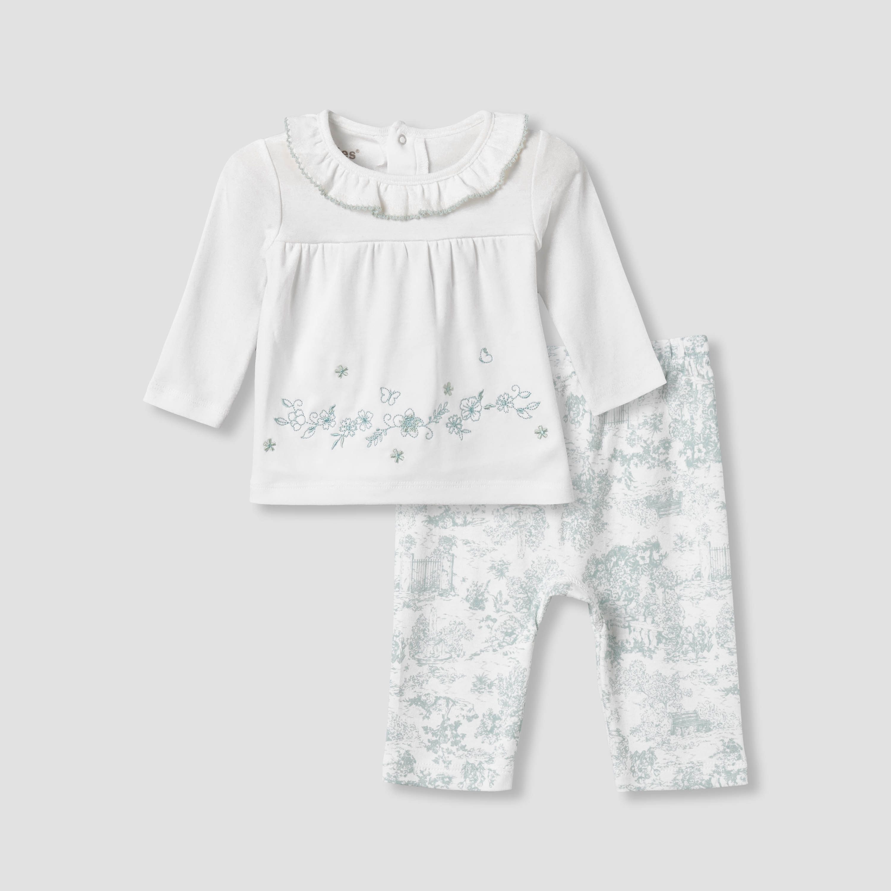 Giggles Cotton Ruffle Neck Long Sleeve Pyjama Set with Floral Embroidery-baby-girls-clothing-nightwear-pyjamasets-image-1