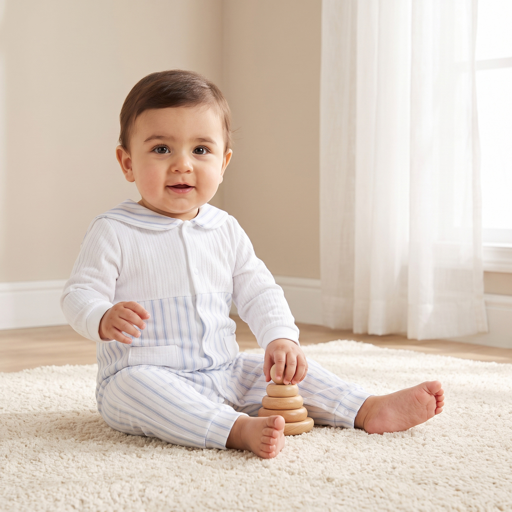Giggles Cotton Sailor Collar Long Sleeves Sleepsuit with Stripes-baby-boys-clothing-nightwear-sleepsuits-image-1