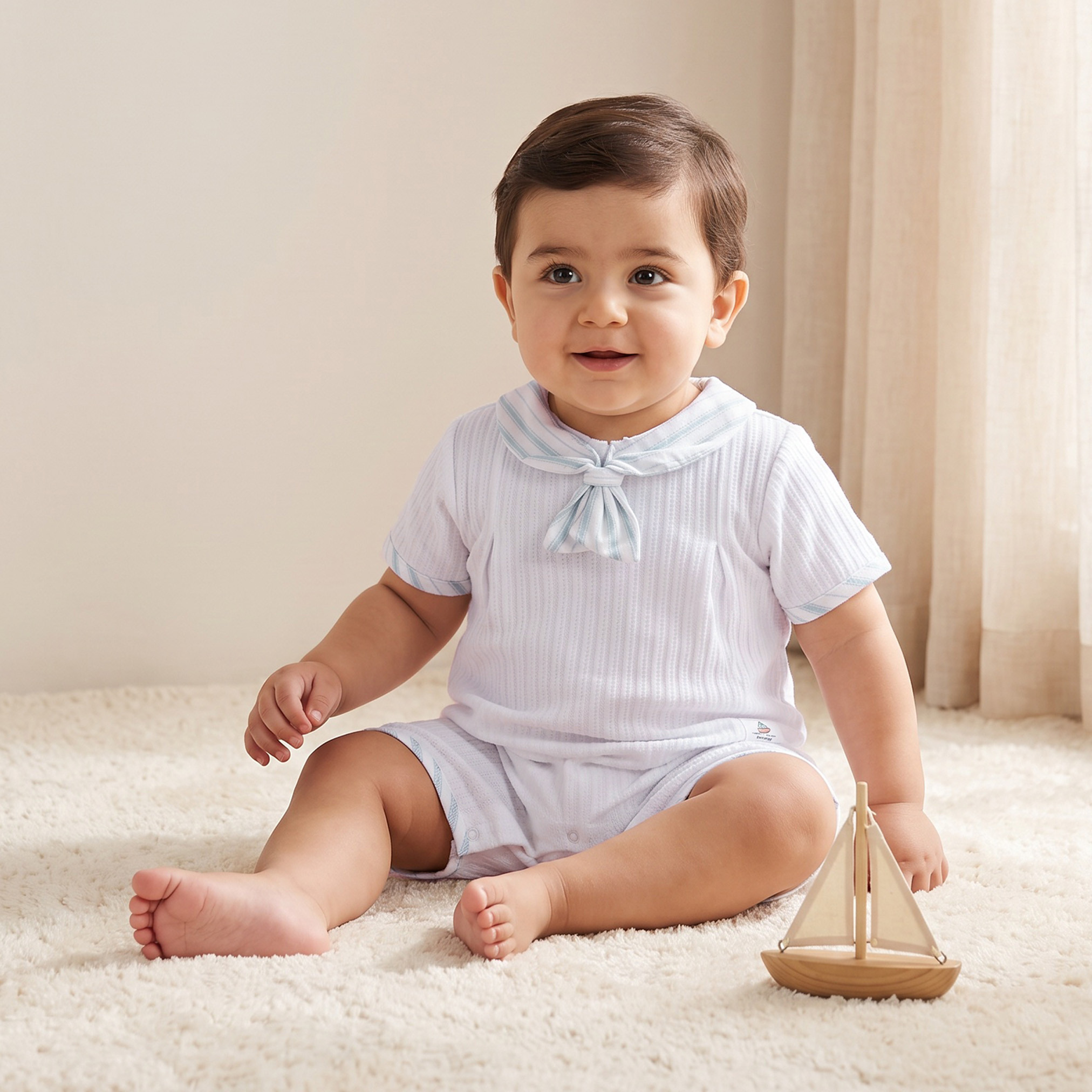 Giggles Sailor Collar Short Sleeves Romper with Bow Detail-baby-boys-clothing-rompers-image-1