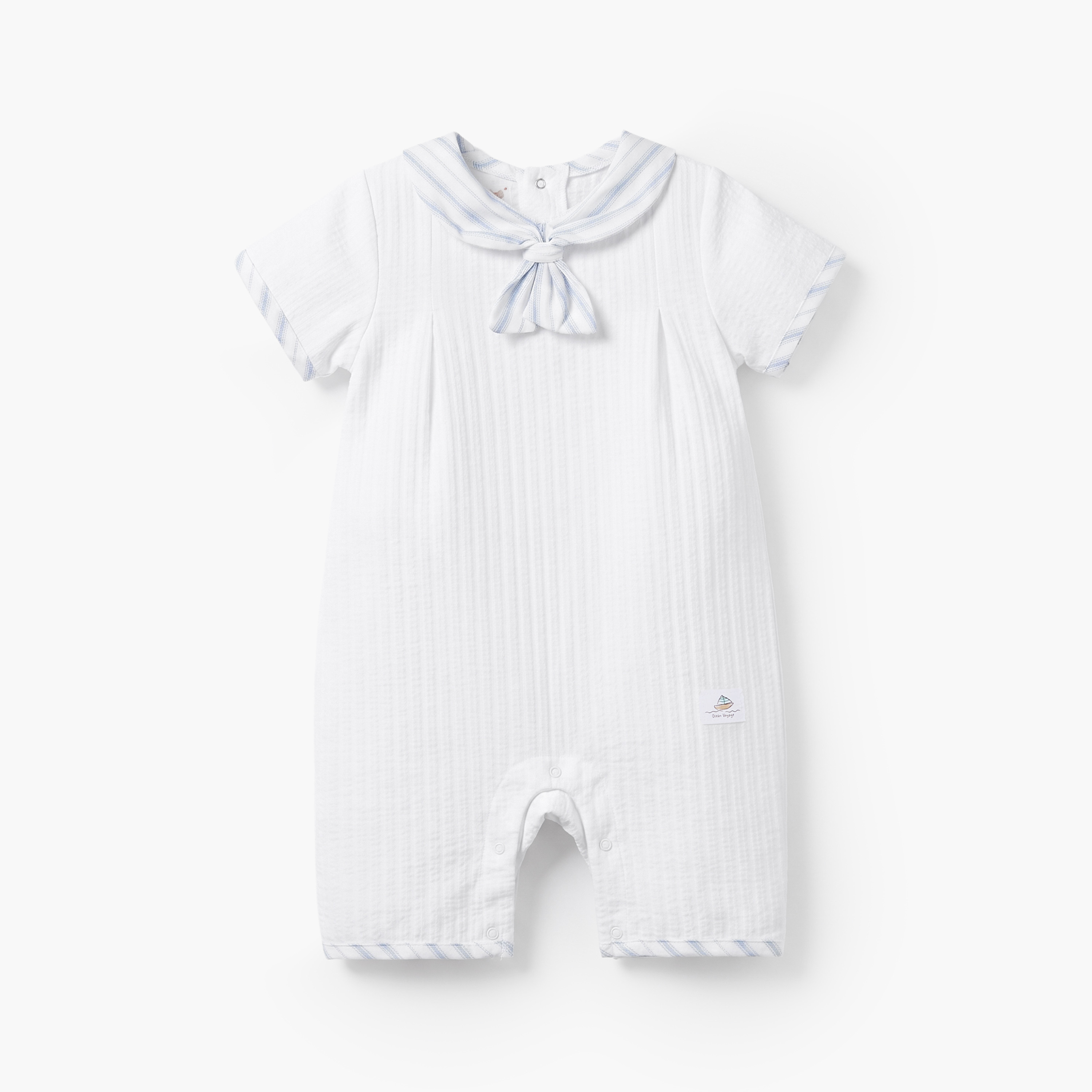Giggles Sailor Collar Short Sleeves Romper with Bow Detail-baby-boys-clothing-rompers-image-2