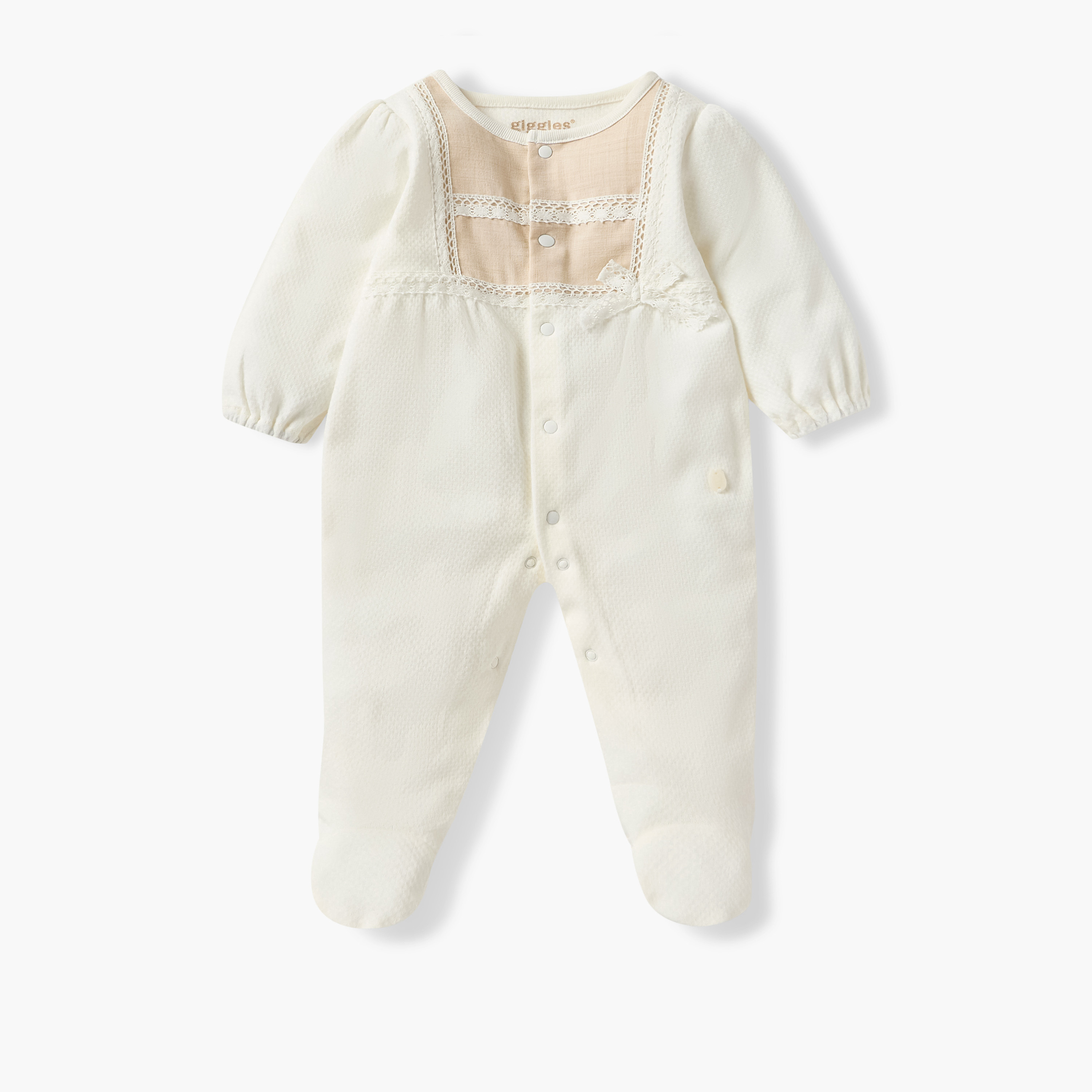 Giggles Textured Round Neck Sleepsuit with Long Sleeves and Bow Detail-baby-girls-clothing-nightwear-sleepsuits-image-1