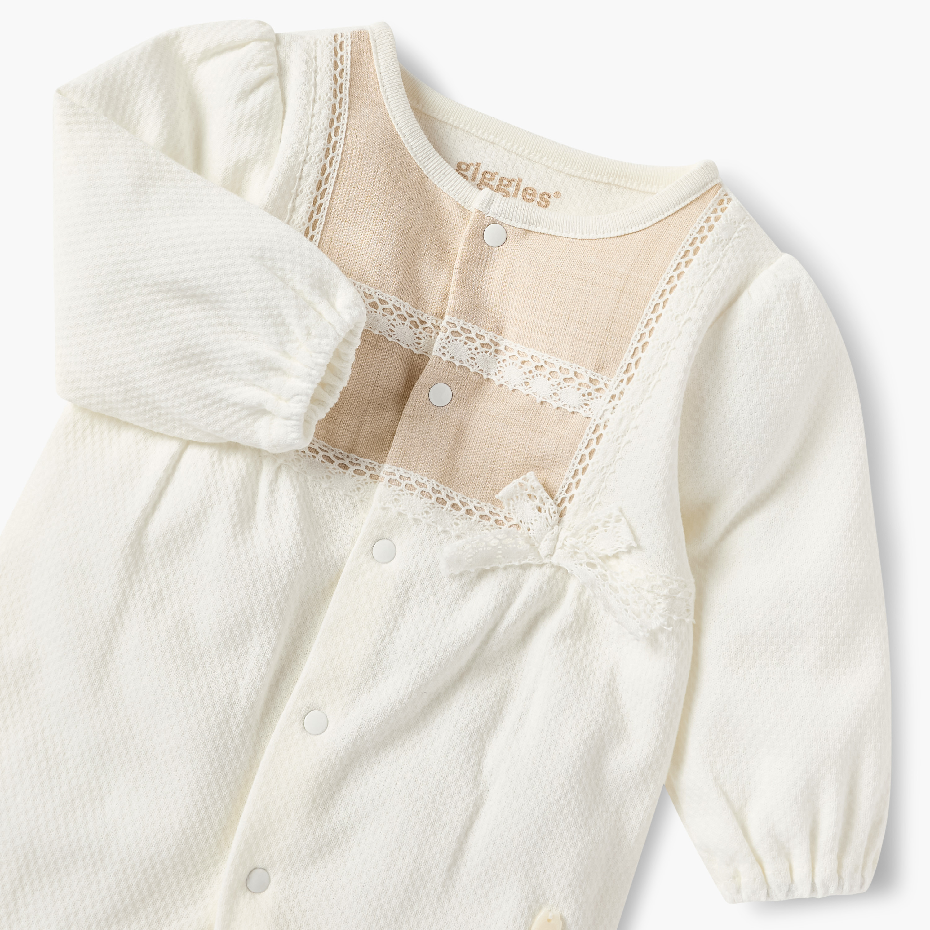 Giggles Textured Round Neck Sleepsuit with Long Sleeves and Bow Detail-baby-girls-clothing-nightwear-sleepsuits-image-3