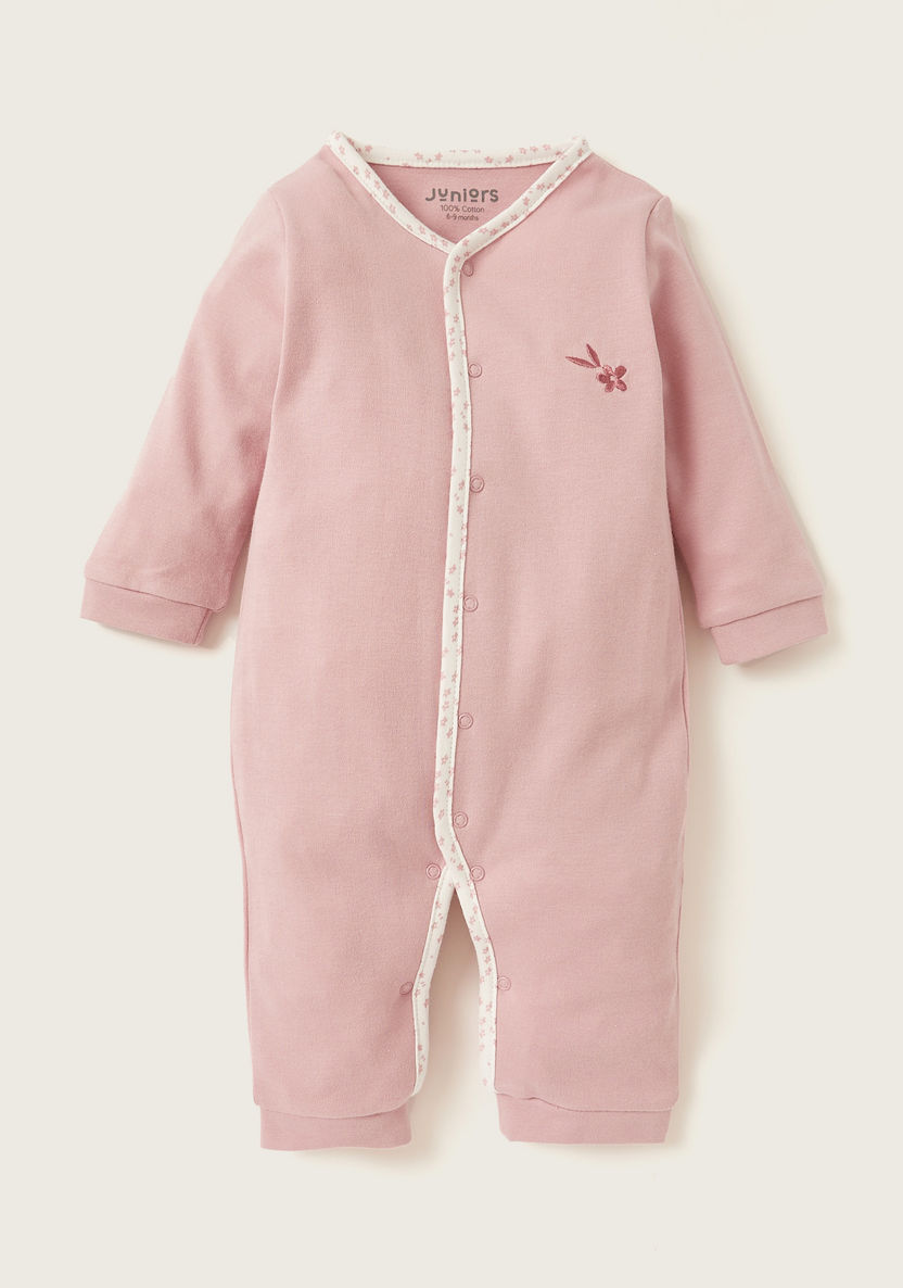 Juniors Solid Sleepsuit with Long Sleeves and Flower Embroidered Detail-Sleepsuits-image-0