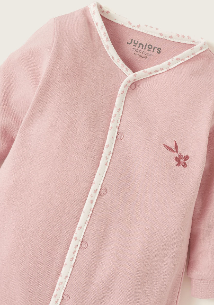 Juniors Solid Sleepsuit with Long Sleeves and Flower Embroidered Detail-Sleepsuits-image-1