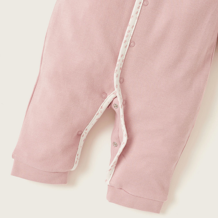 Juniors Solid Sleepsuit with Long Sleeves and Flower Embroidered Detail