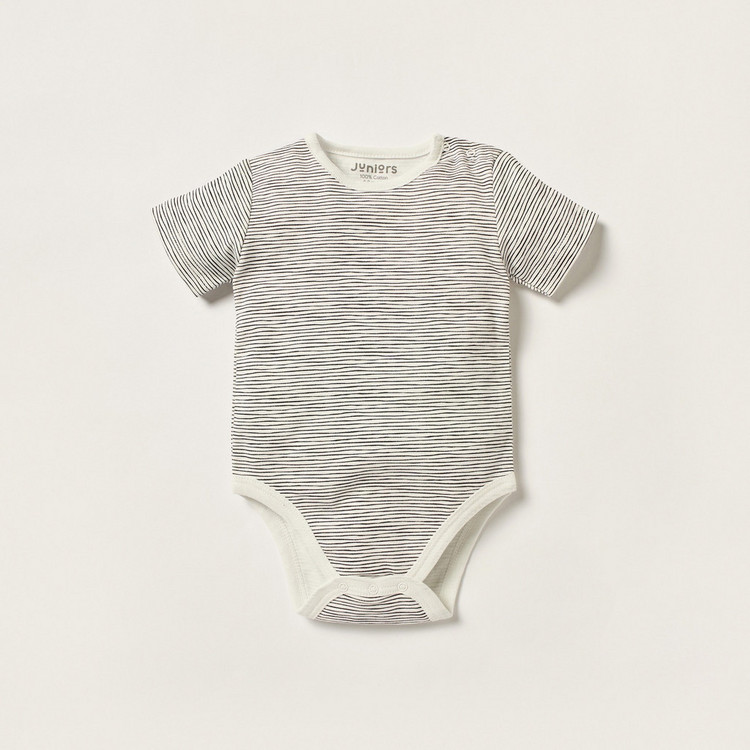 Juniors Striped Bodysuit with Round Neck and Button Closure