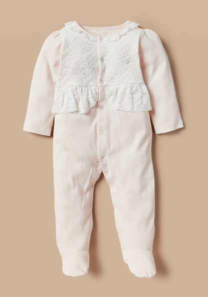 Giggles Lace Textured Sleepsuit with Long Sleeves and Snap Button Closure-Sleepsuits-image-0