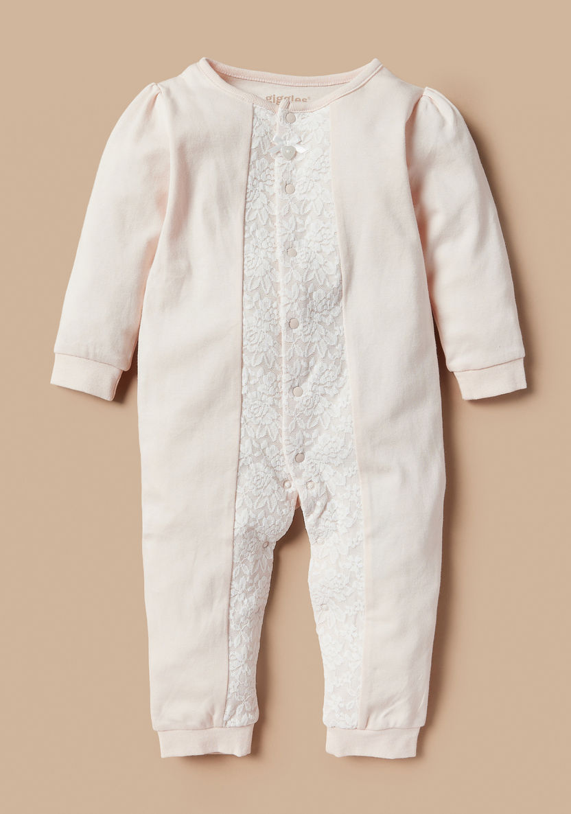 Giggles Lace Textured Sleepsuit with Long Sleeves and Snap Button Closure-Sleepsuits-image-0