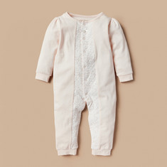Giggles Lace Textured Sleepsuit with Long Sleeves and Snap Button Closure