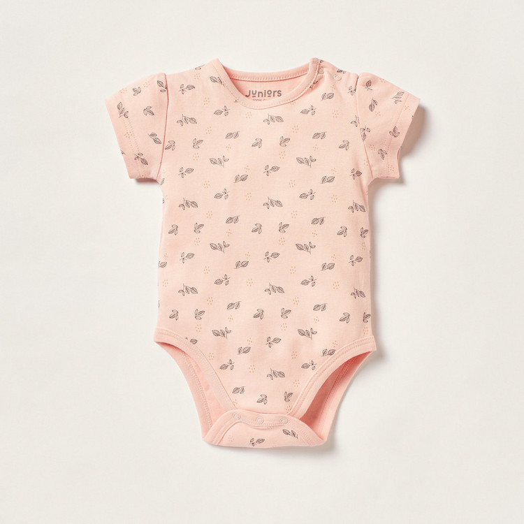 Juniors Printed Bodysuit with Short Sleeves and Button Closure