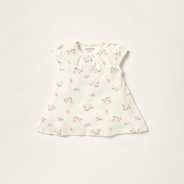 Juniors Floral Print Dress with Cap Sleeves and Button Closure
