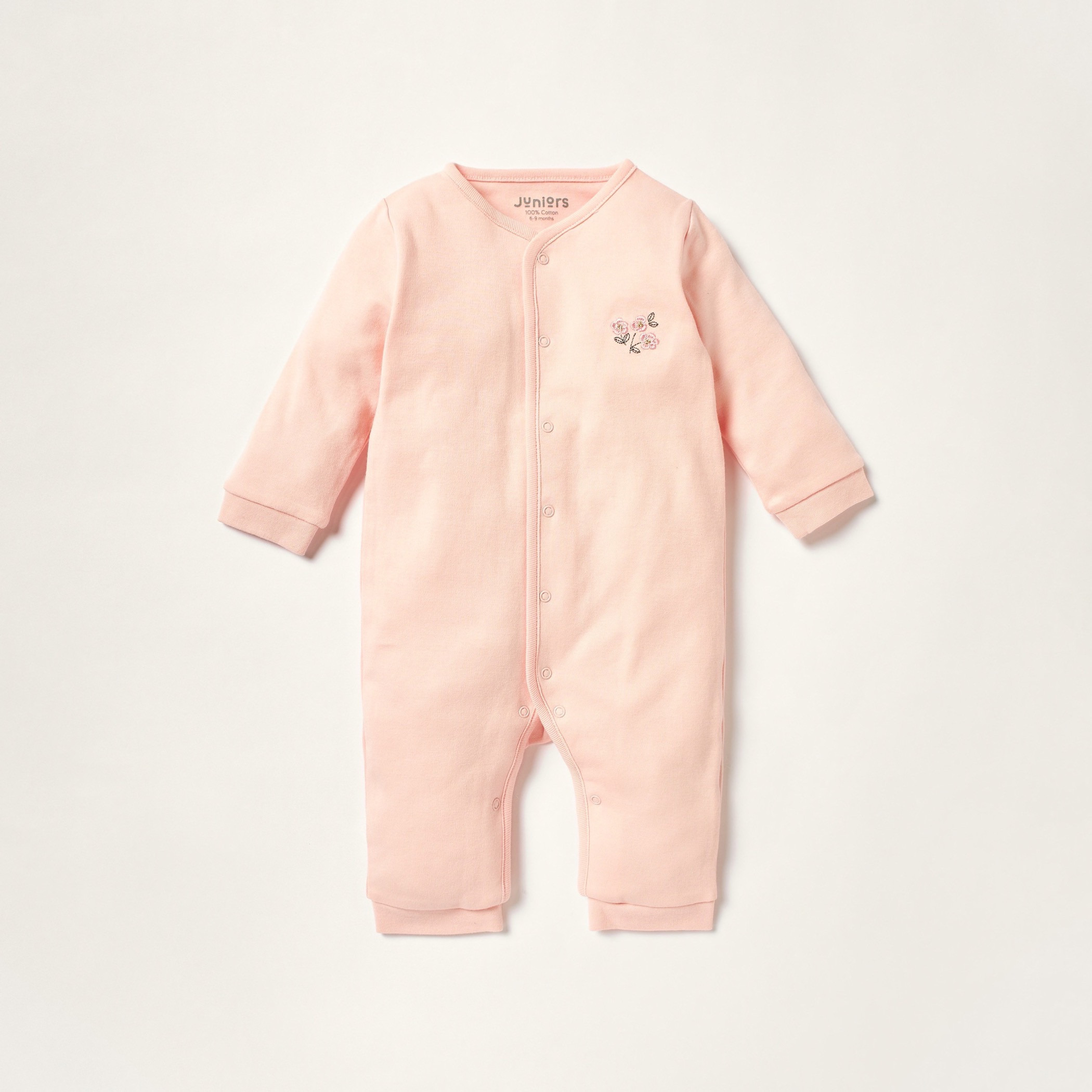 Juniors Embroidered Sleepsuit with Long Sleeves and Button Closure-baby-girls-clothing-nightwear-sleepsuits-image-1