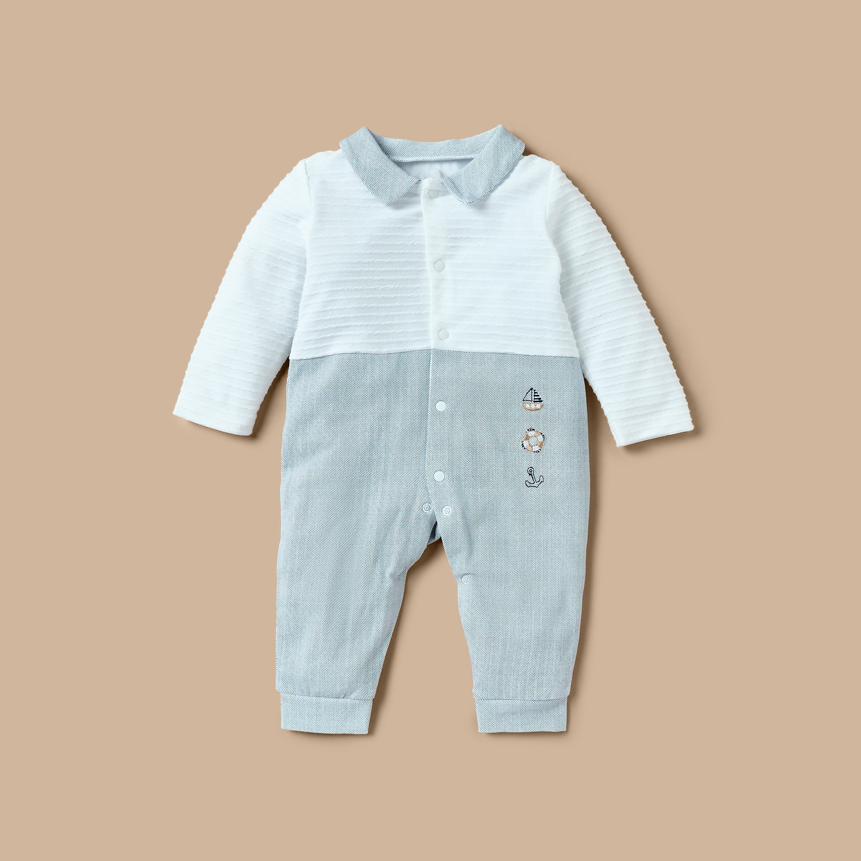 Giggles Embroidered Sleepsuit with Button Closure and Collared Neckline-baby-boys-clothing-nightwear-sleepsuits-image-1