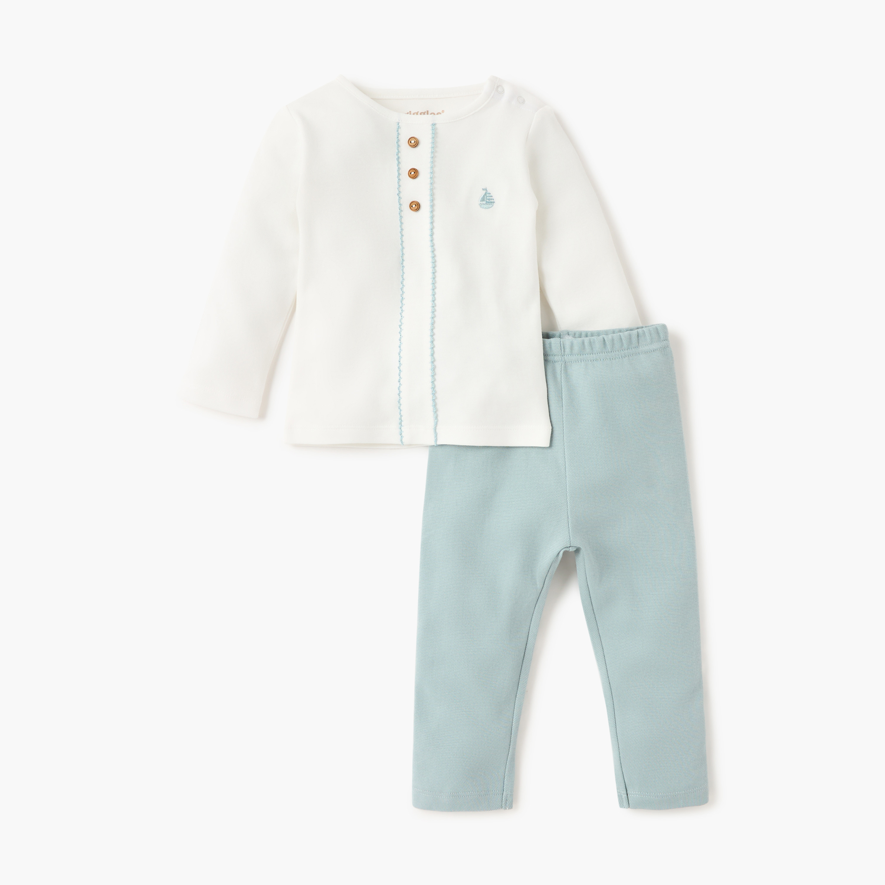 طقم بنطلون بيجاما سادة وتيشيرت مطرز من جيجلز-baby-boys-clothing-nightwear-pyjamasets-image-1