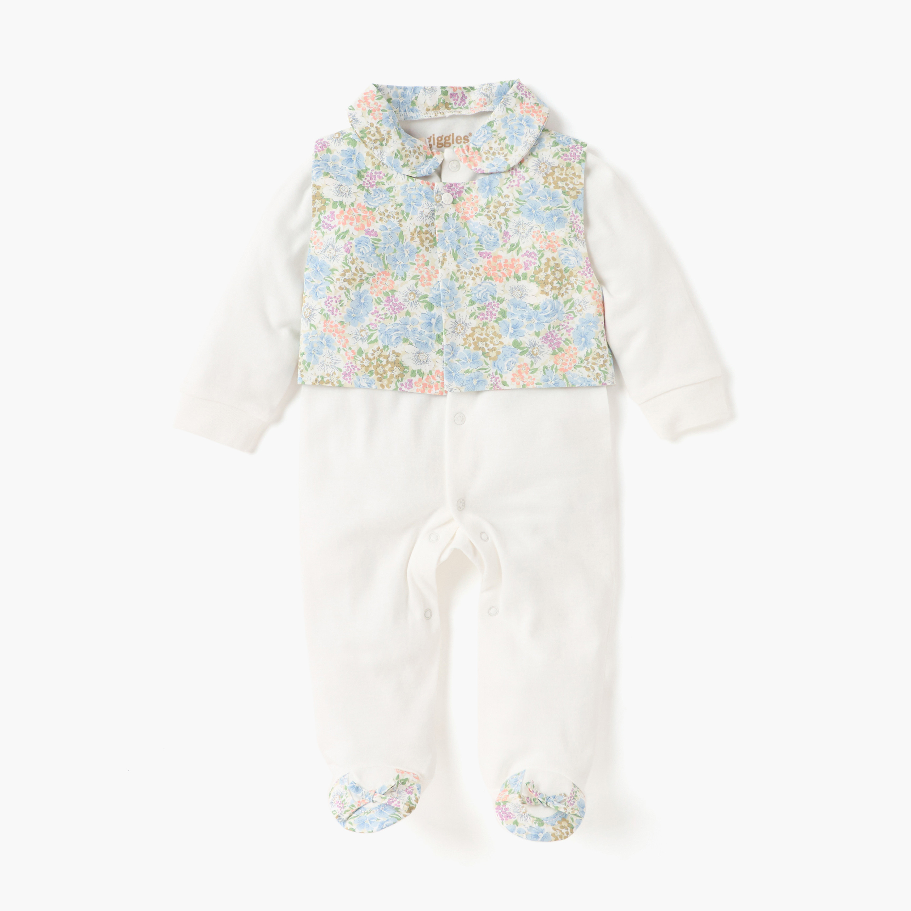 Giggles Floral Print Closed Feet Sleepsuit with Waistcoat-baby-girls-clothing-nightwear-sleepsuits-image-1