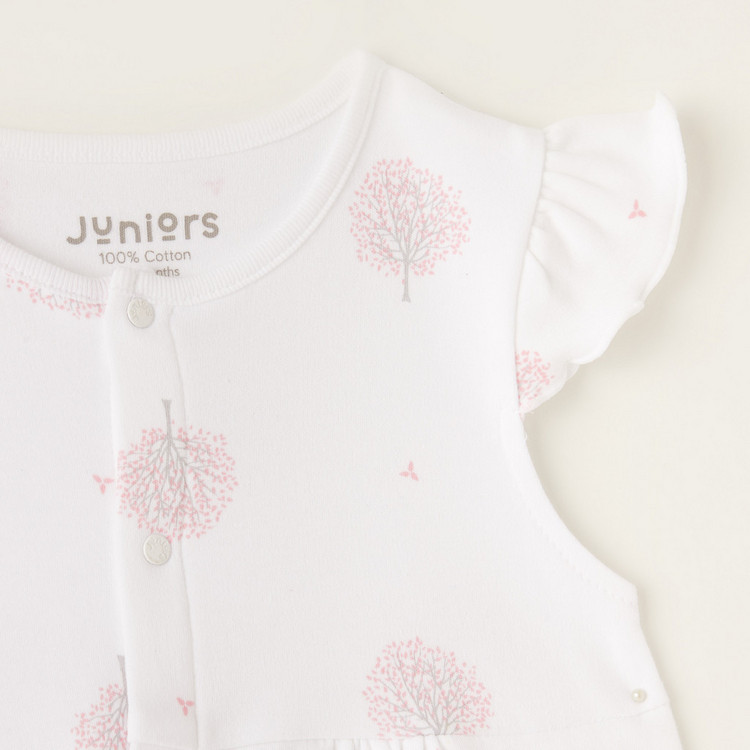 Juniors Tree Print Cap Sleeves Dress with Ruffles and Button Closure