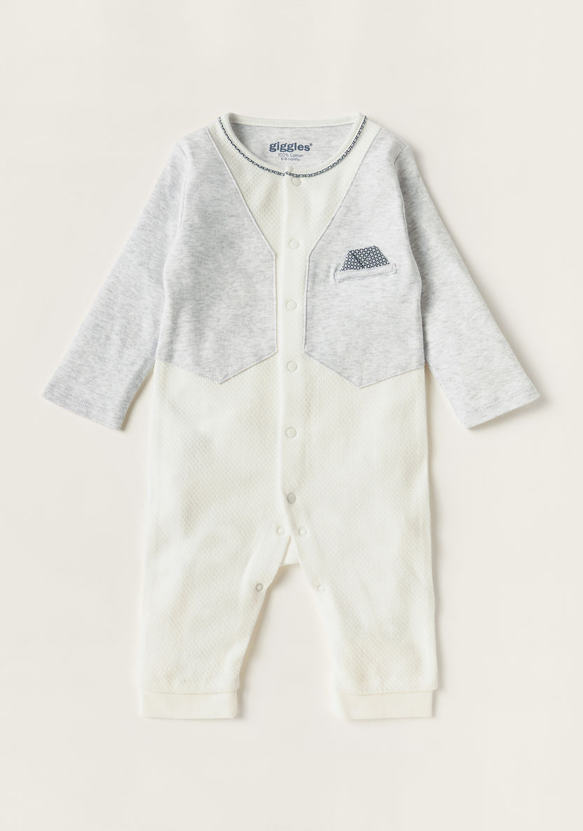 Giggles Panelled Sleepsuit with Long Sleeves and Snap Button Closure-Sleepsuits-image-0