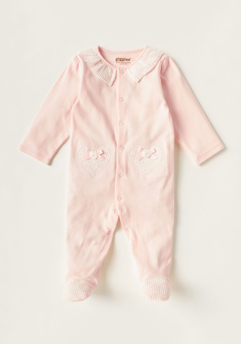 Giggles Textured Closed Feet Sleepsuit with Long Sleeves and Snap Closure-Sleepsuits-image-0