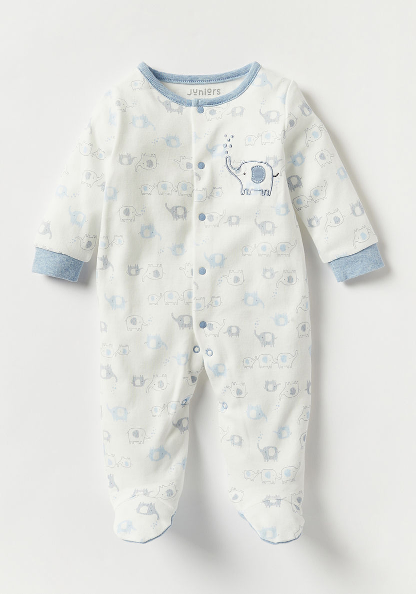 Juniors Elephant Print Sleepsuit with Long Sleeves and Snap Button Closure-Sleepsuits-image-0
