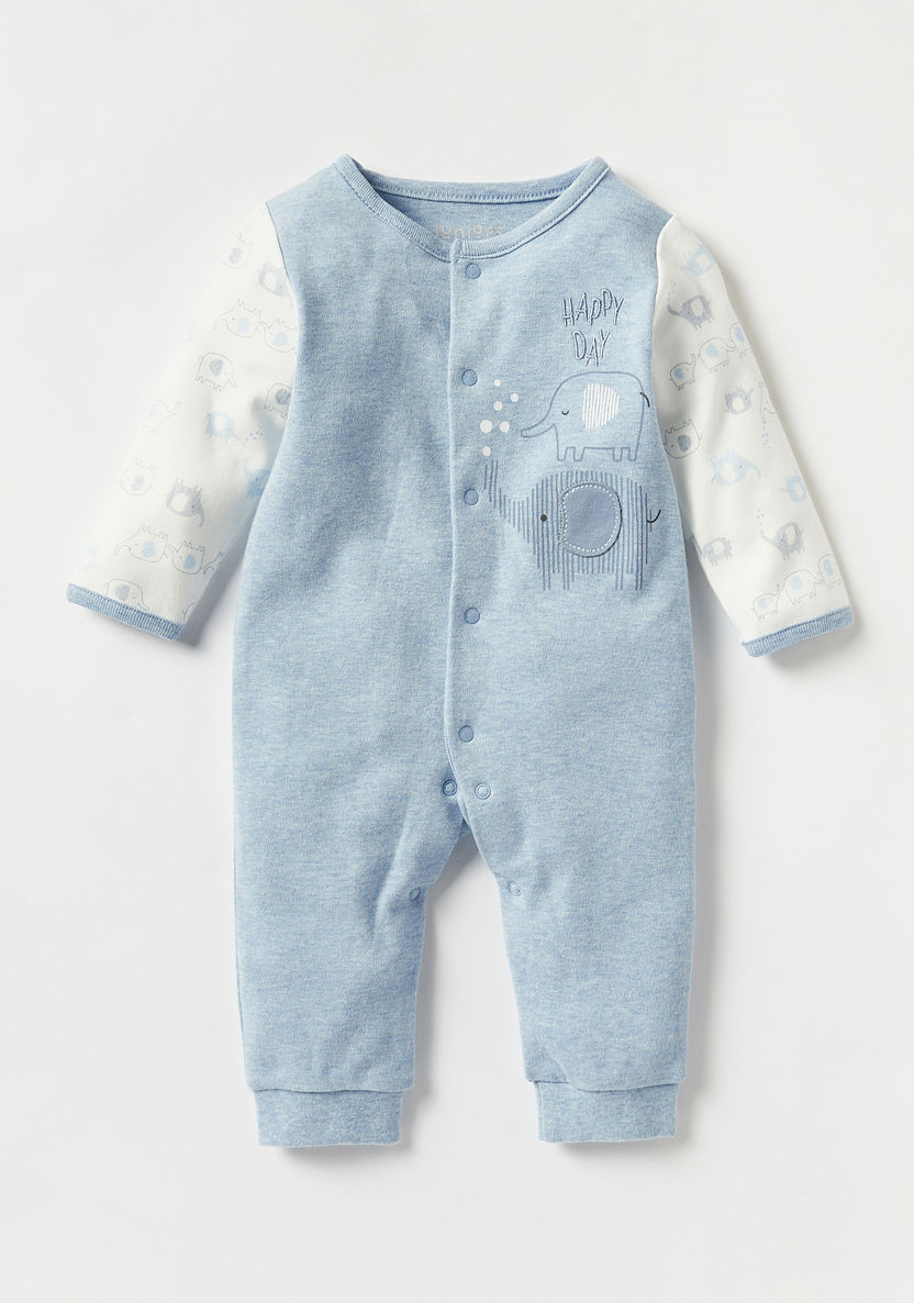 Juniors Elephant Print Sleepsuit with Long Sleeves and Snap Button Closure-Sleepsuits-image-0