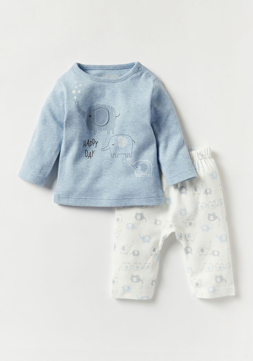 Juniors Elephant Print Long Sleeves T-shirt and Elasticated Pyjama Set-Pyjama Sets-image-0