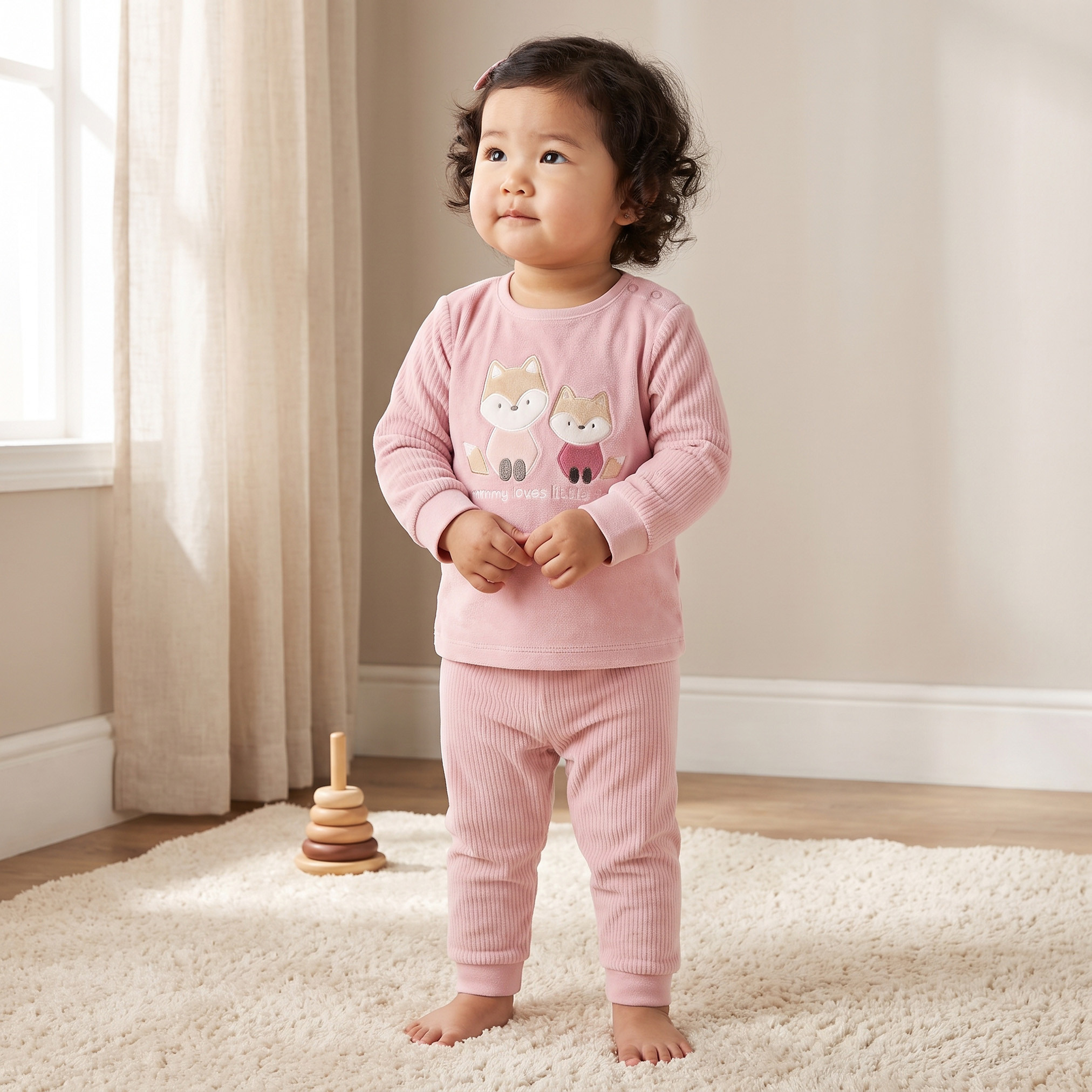 طقم بيجاما قطيفة بأكمام طويلة وبياقة مستديرة وبزخارف ثعلب من جونيورز-baby-girls-clothing-winterwear-pyjamasets-image-1