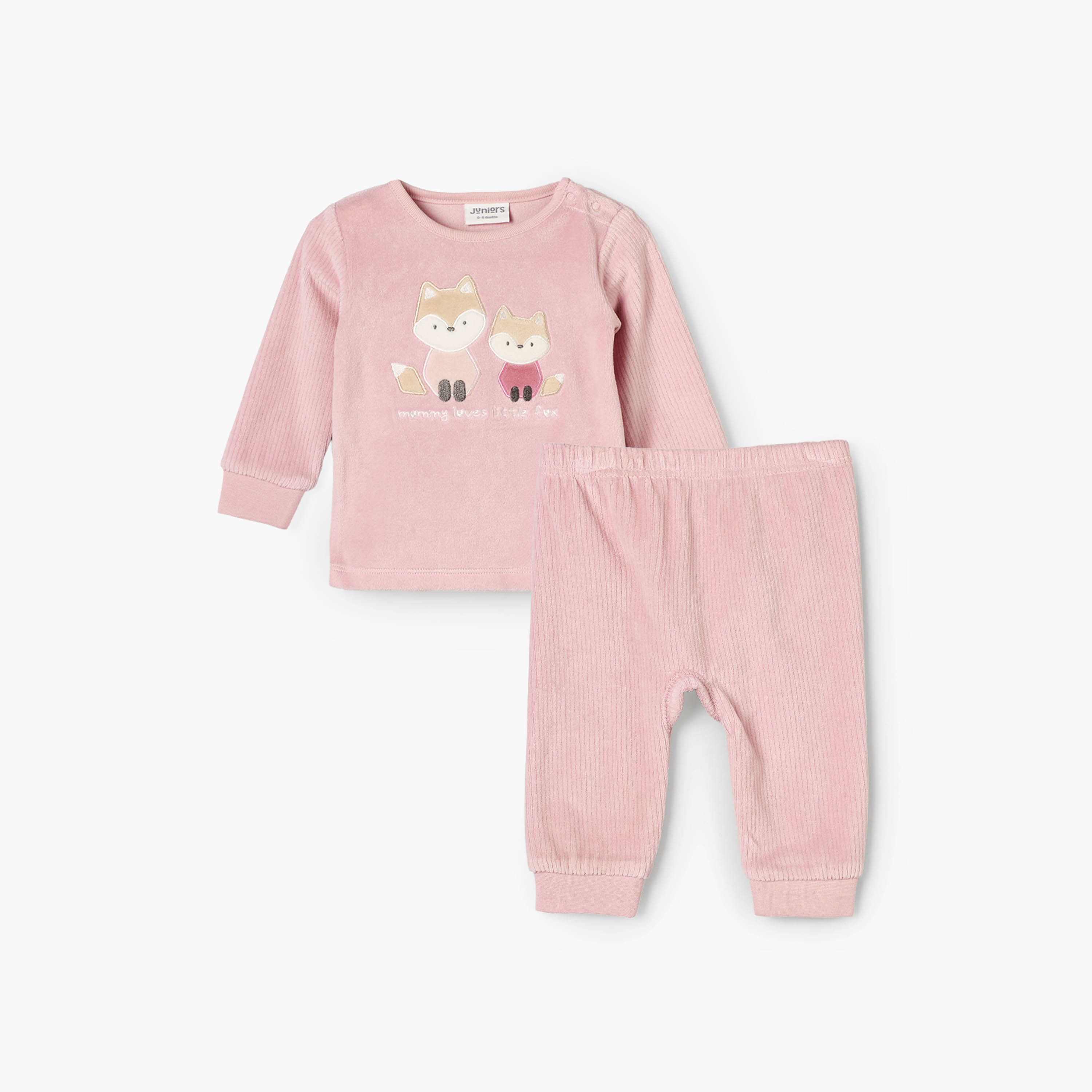 طقم بيجاما قطيفة بأكمام طويلة وبياقة مستديرة وبزخارف ثعلب من جونيورز-baby-girls-clothing-winterwear-pyjamasets-image-2