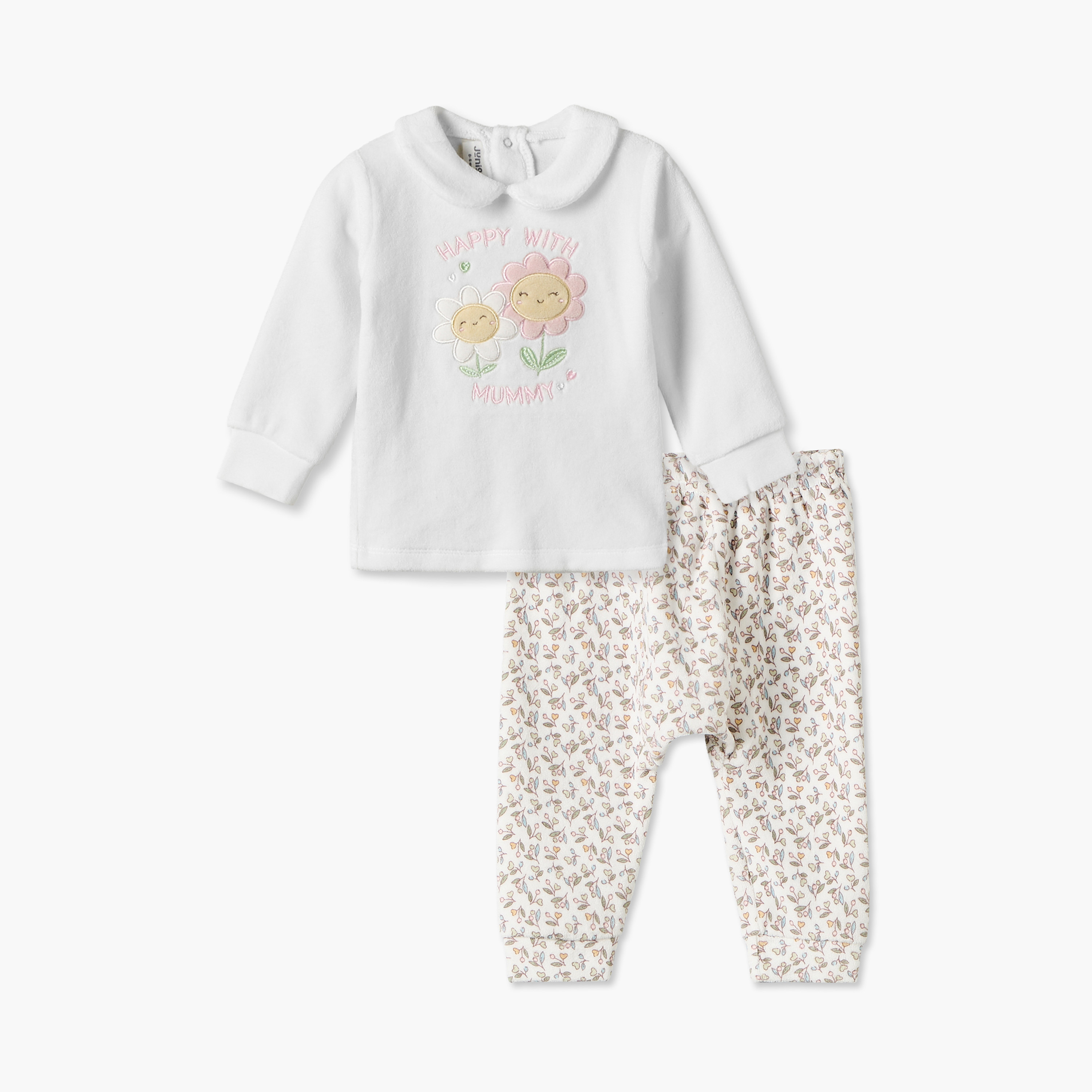 Juniors Collared Long Sleeves Pyjama Set with Floral Embroidery-baby-girls-clothing-winterwear-pyjamasets-image-2