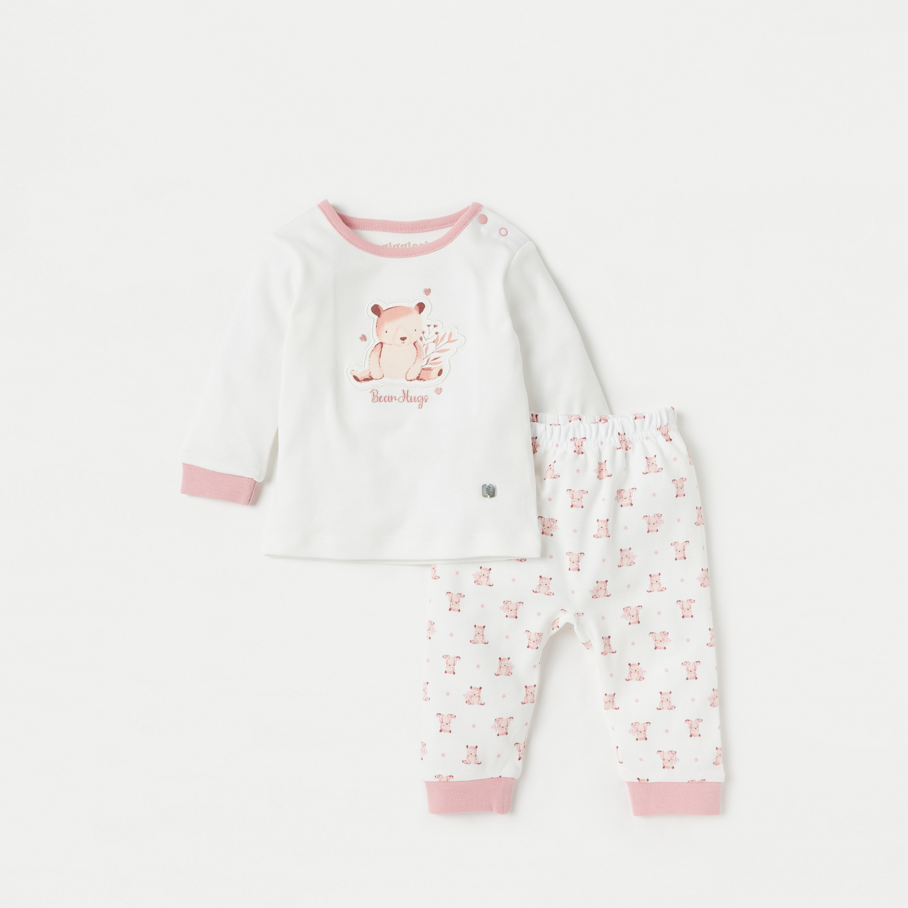 Giggles Bear Print T-shirt and Pyjama Set-baby-girls-clothing-nightwear-pyjamasets-image-1