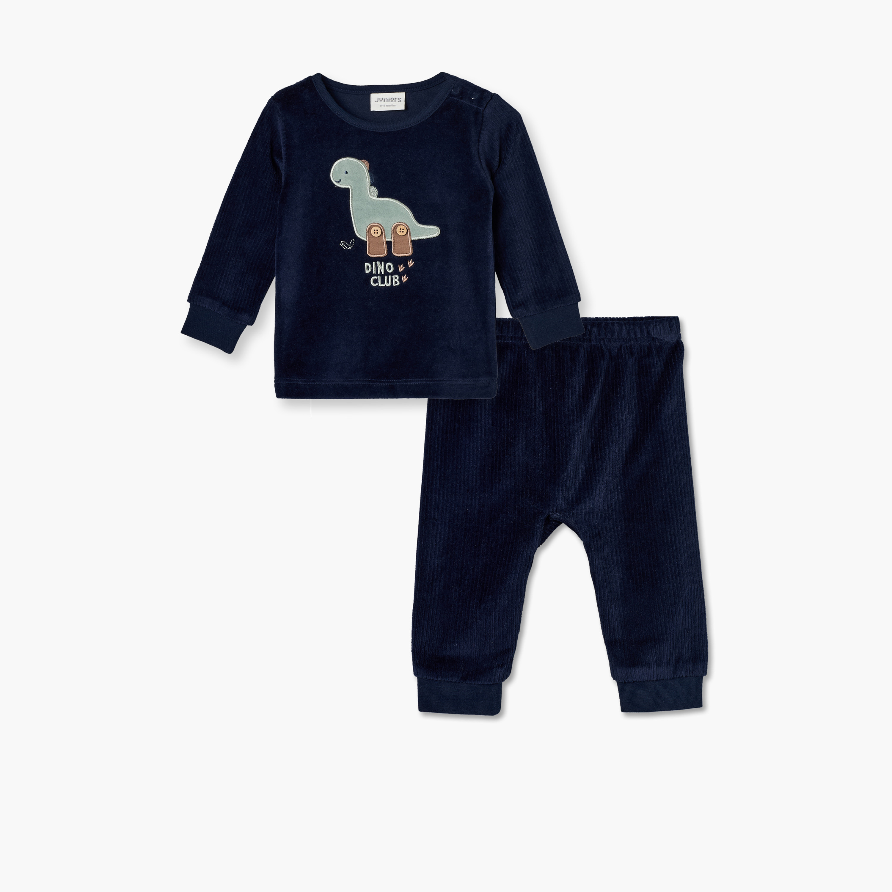 طقم بيجاما قطيفة بياقة ضيقة وأكمام طويلة بزخارف ديناصور من جونيورز-baby-boys-clothing-nightwear-pyjamasets-image-1