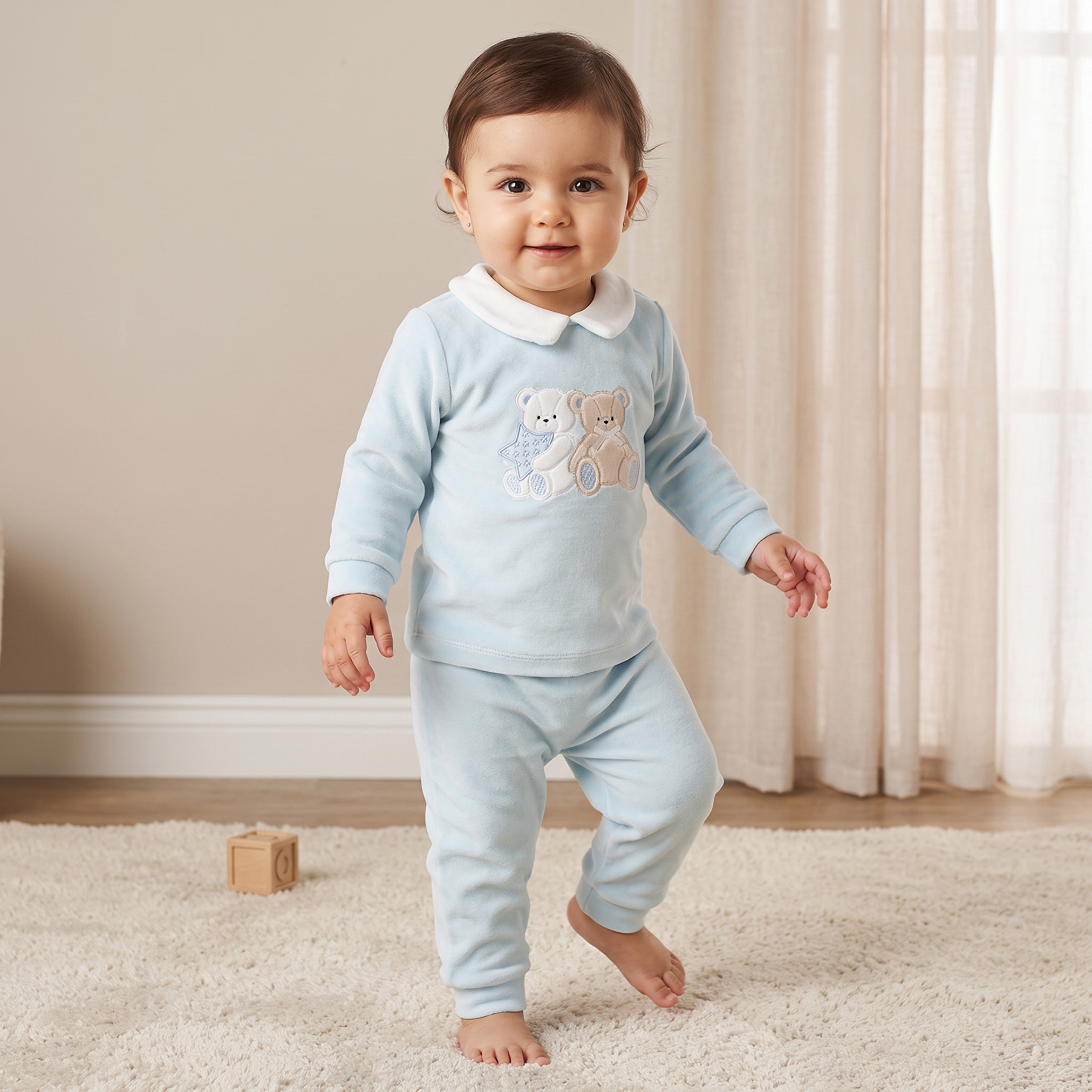 Giggles Velour Collared Sleeves Pyjama Set with Teddy Bear Applique-baby-boys-clothing-nightwear-pyjamasets-image-1
