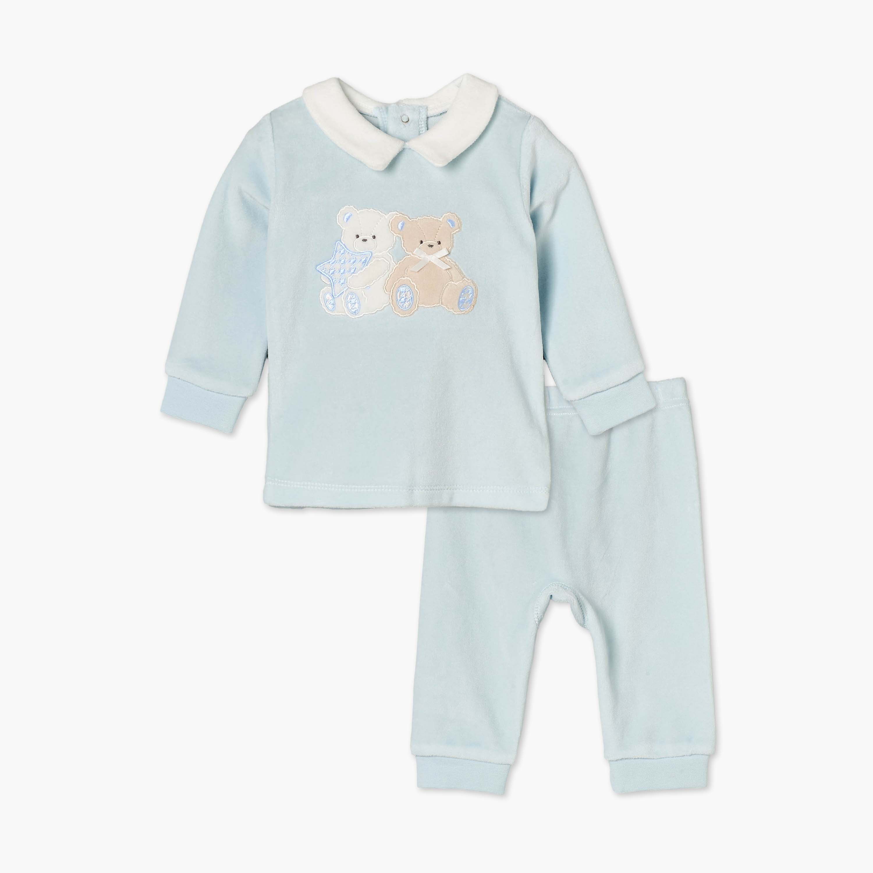 Giggles Velour Collared Sleeves Pyjama Set with Teddy Bear Applique-baby-boys-clothing-nightwear-pyjamasets-image-2