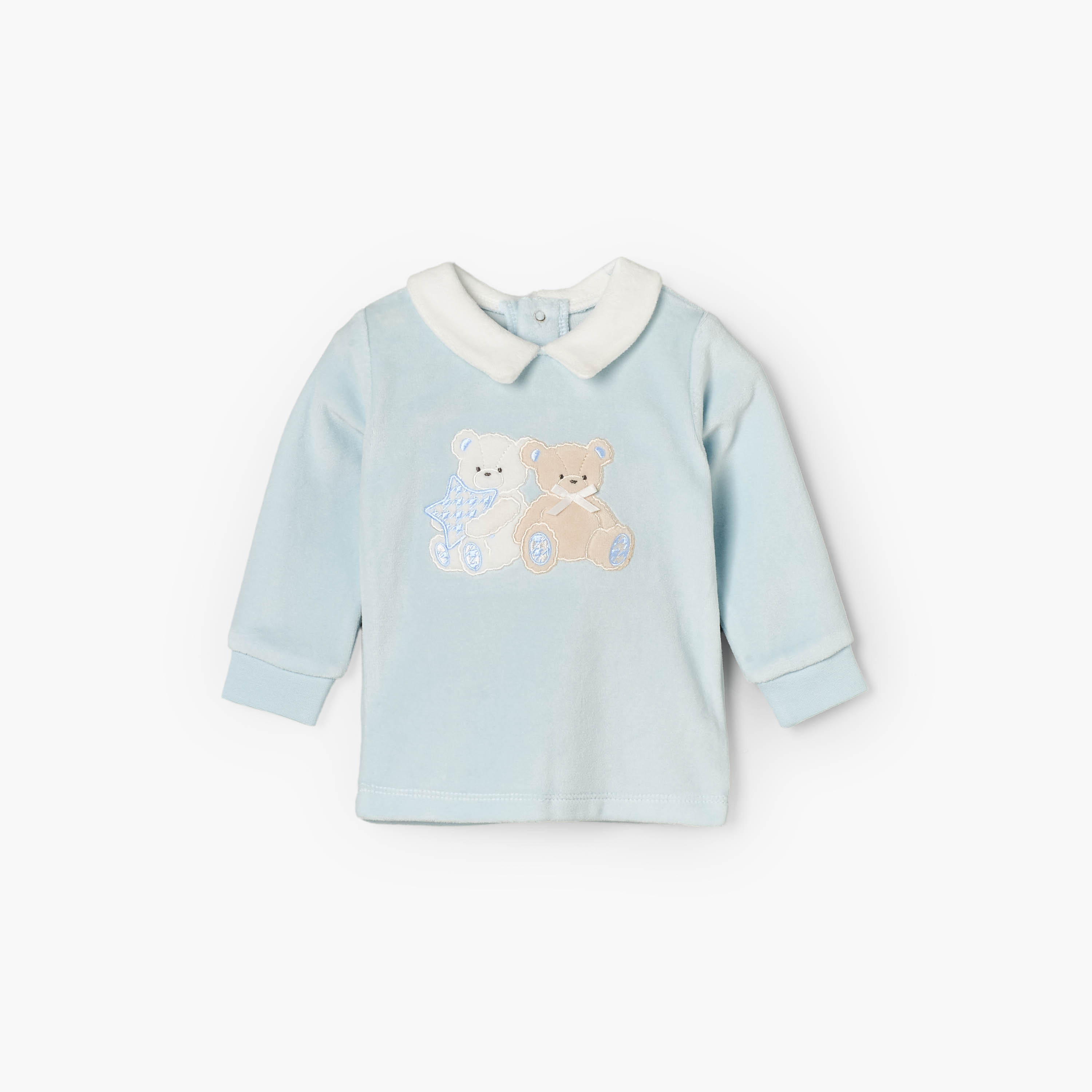 Giggles Velour Collared Sleeves Pyjama Set with Teddy Bear Applique-baby-boys-clothing-nightwear-pyjamasets-image-3