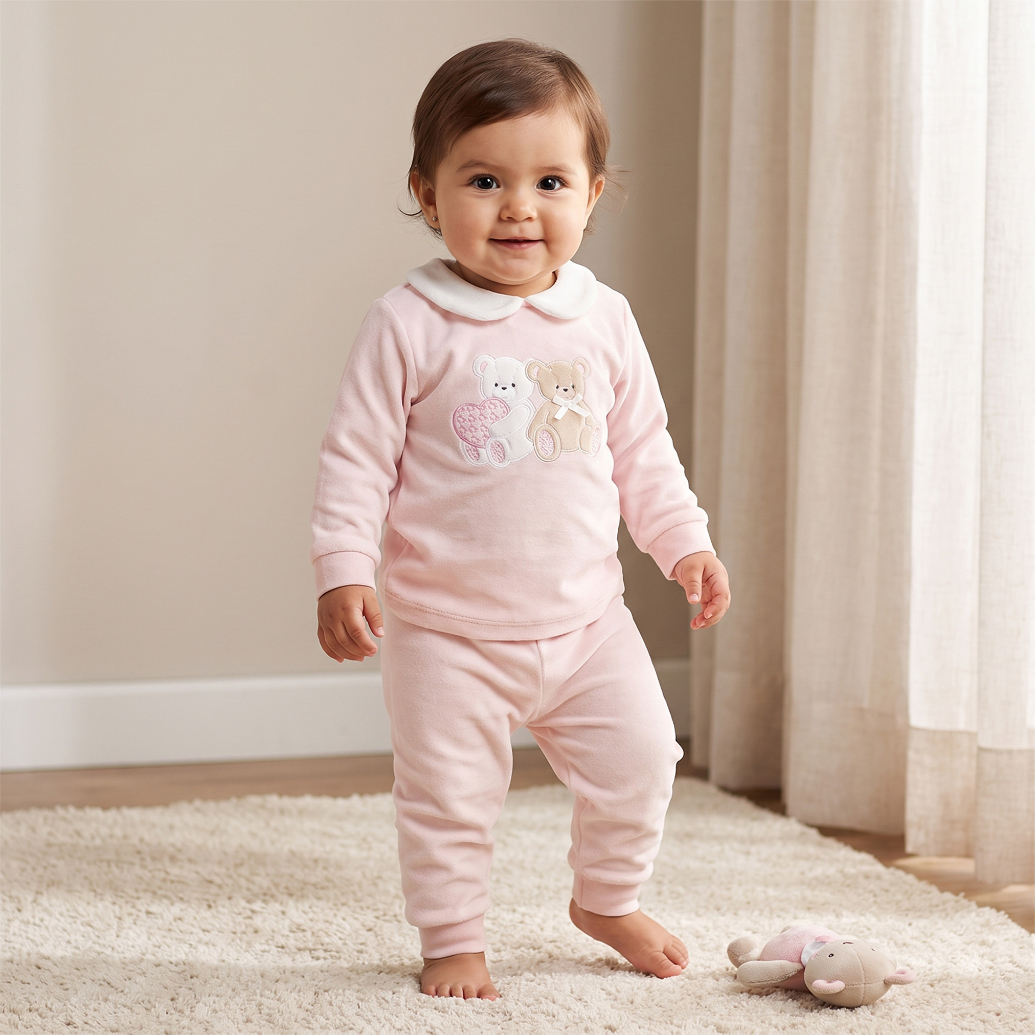 Giggles Velour Collared Long Sleeves Pyjama Set with Teddy Bear Applique-baby-girls-clothing-winterwear-pyjamasets-image-1