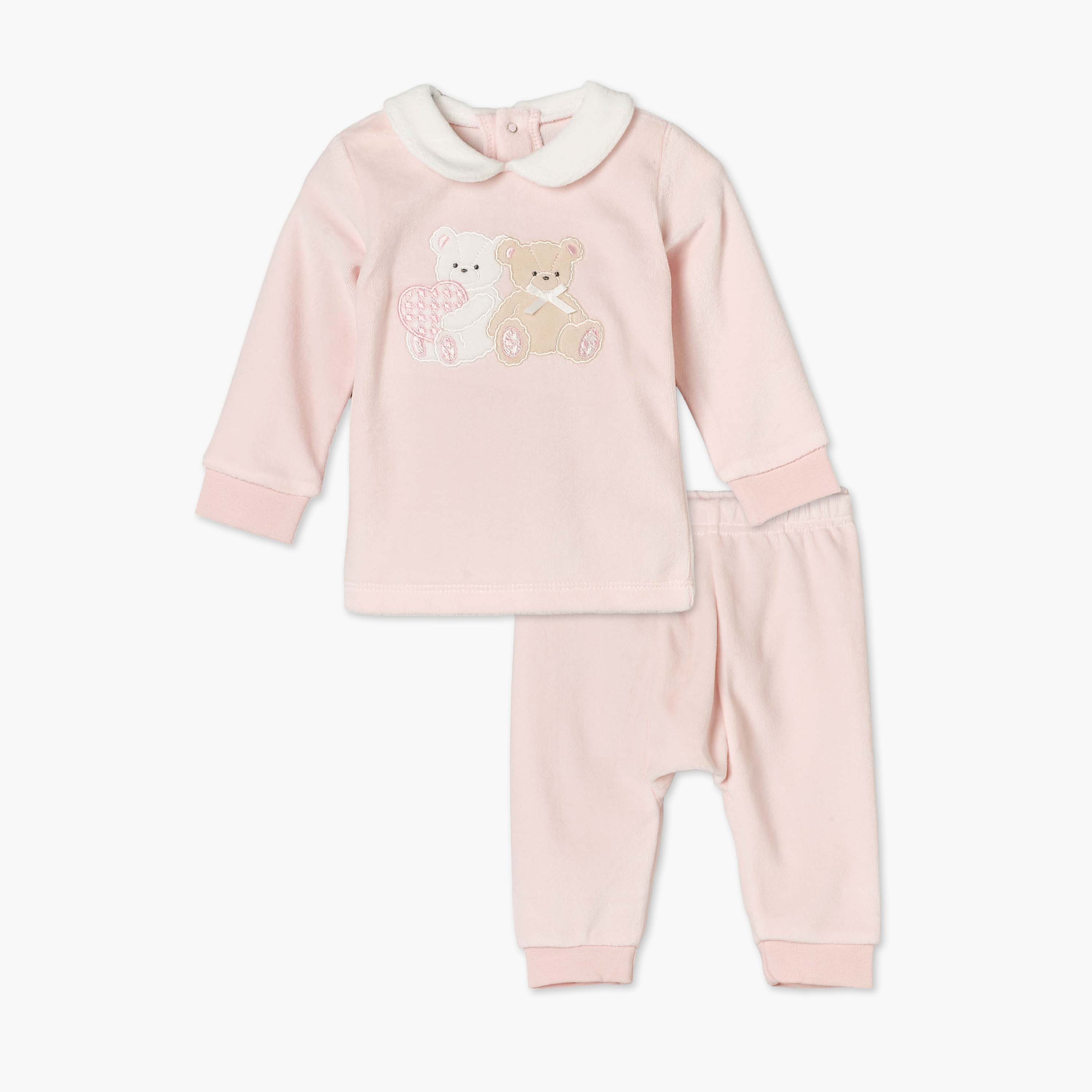 Giggles Velour Collared Long Sleeves Pyjama Set with Teddy Bear Applique-baby-girls-clothing-winterwear-pyjamasets-image-2