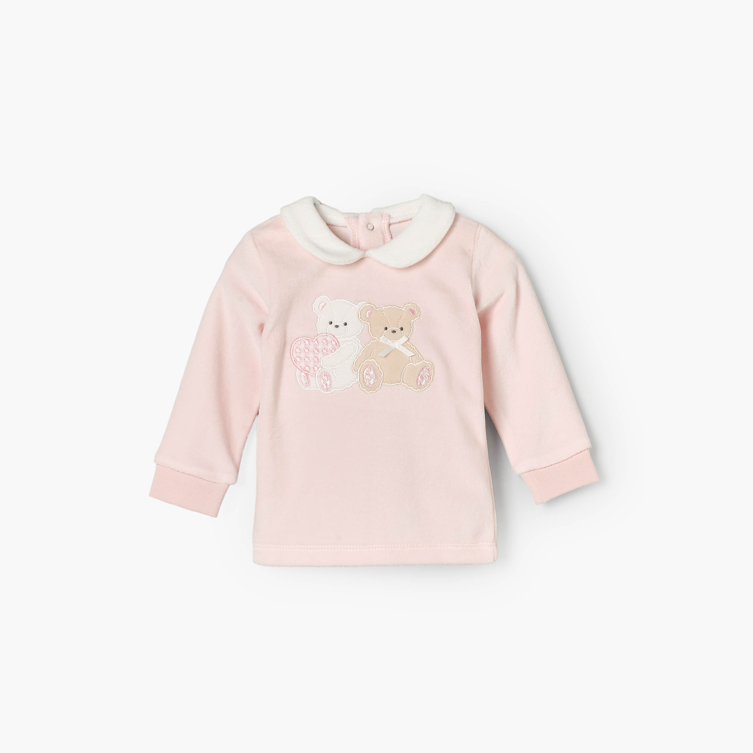 Giggles Velour Collared Long Sleeves Pyjama Set with Teddy Bear Applique-baby-girls-clothing-winterwear-pyjamasets-image-3