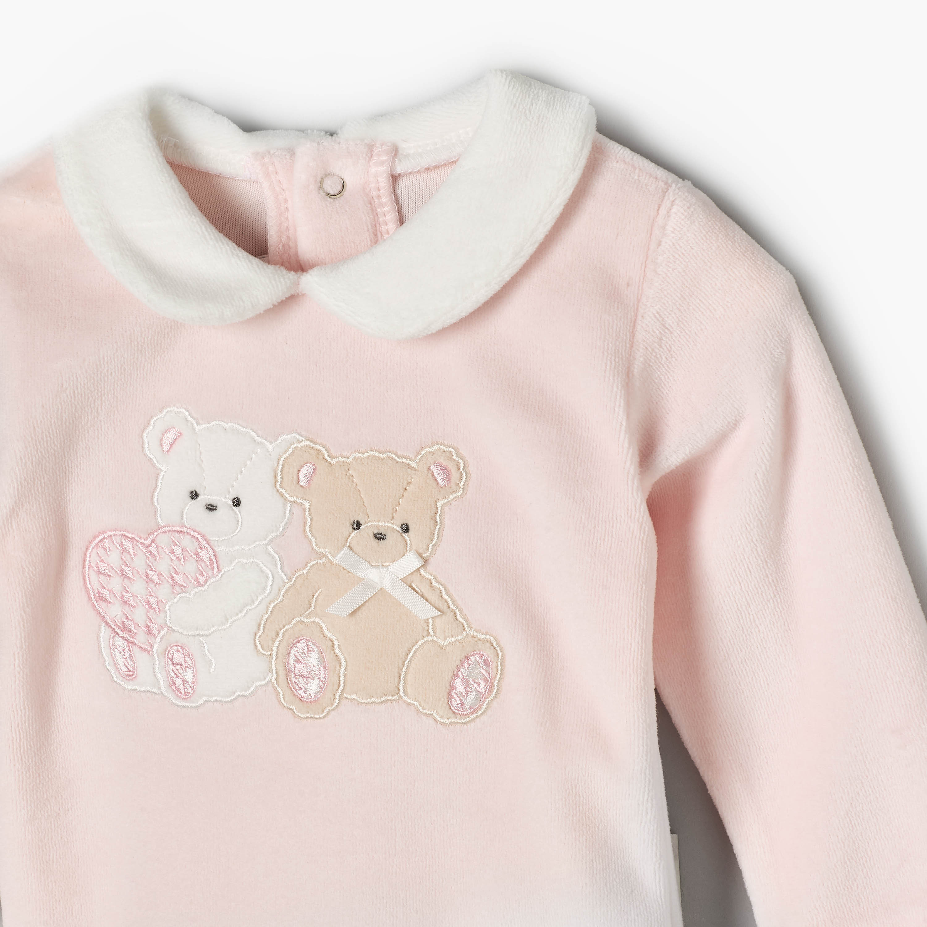Giggles Velour Collared Long Sleeves Pyjama Set with Teddy Bear Applique-baby-girls-clothing-winterwear-pyjamasets-image-7