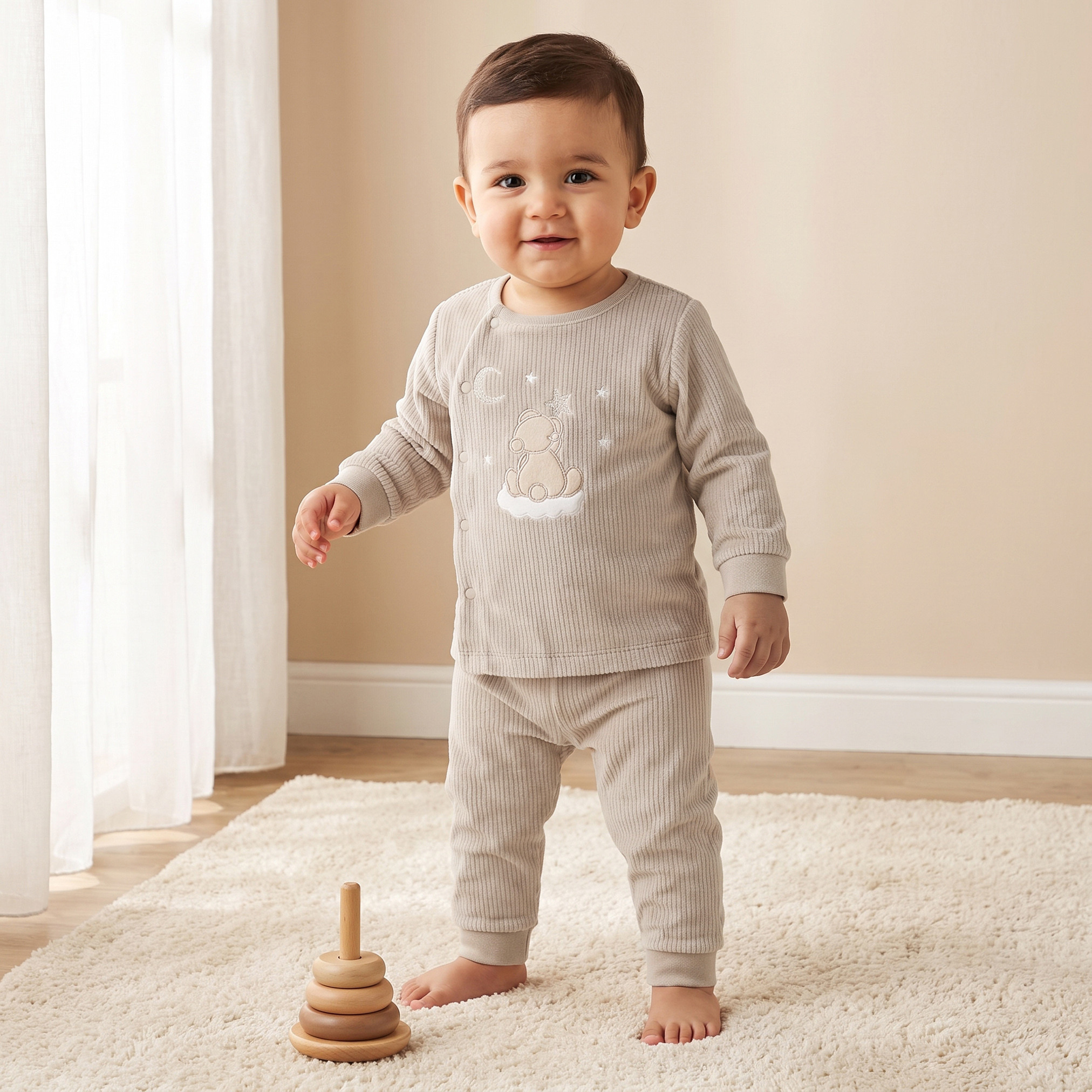 طقم بيجاما قطيفة بياقة ضيقة وأكمام طويلة وتطريز دب من جيجلز-baby-boys-clothing-nightwear-pyjamasets-image-1