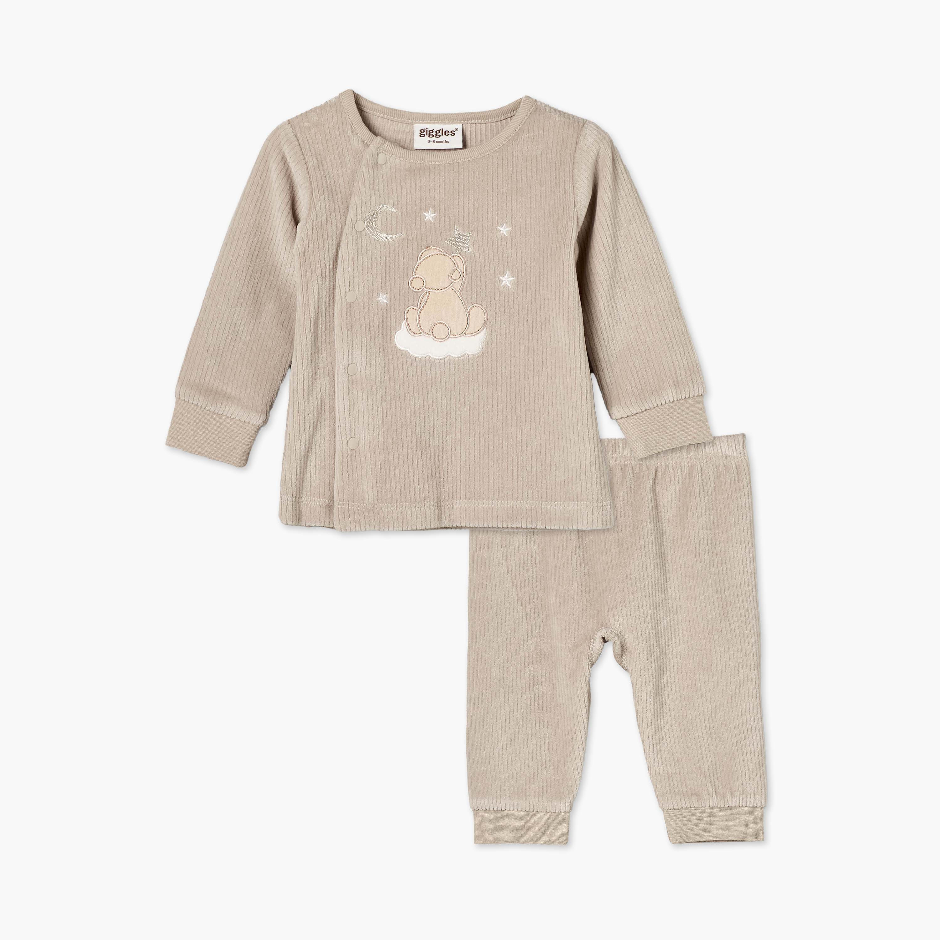 طقم بيجاما قطيفة بياقة ضيقة وأكمام طويلة وتطريز دب من جيجلز-baby-boys-clothing-nightwear-pyjamasets-image-2