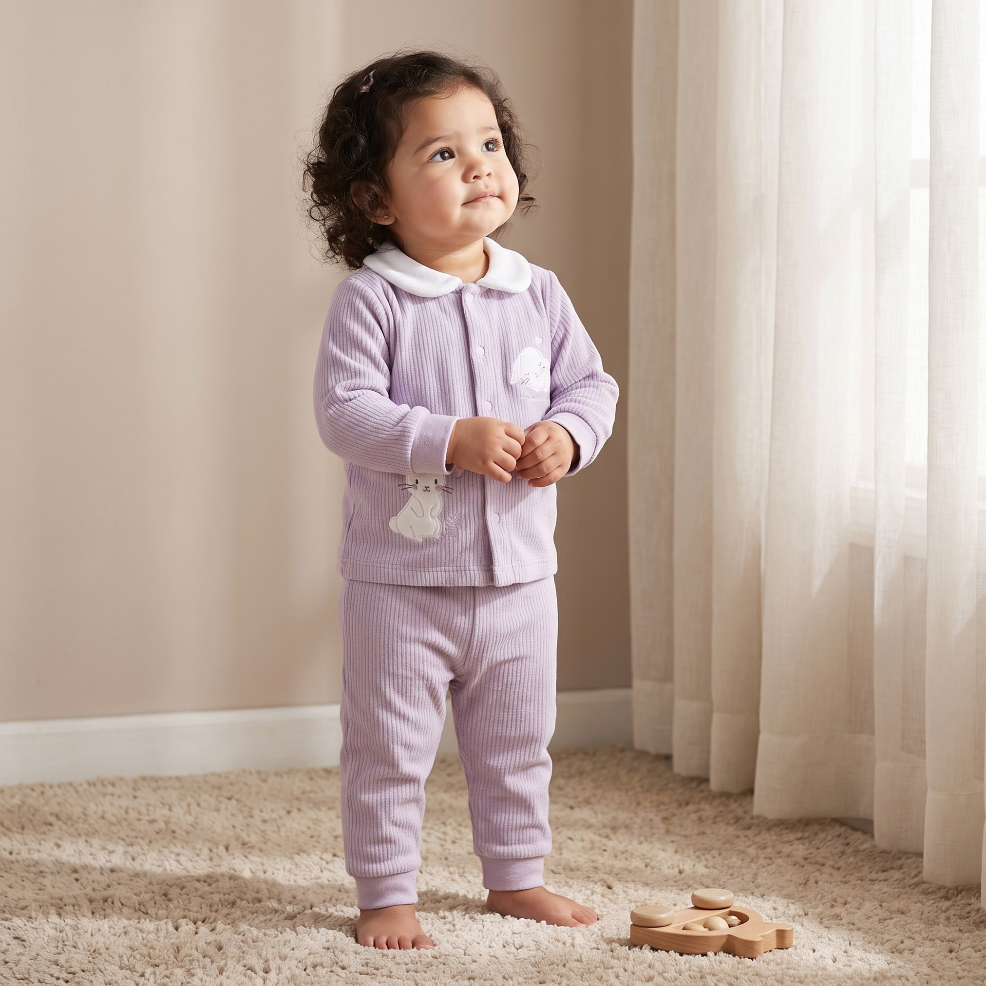 Giggles Collared Long Sleeves Pyjama Set with Bunny Applique-baby-girls-clothing-winterwear-pyjamasets-image-1