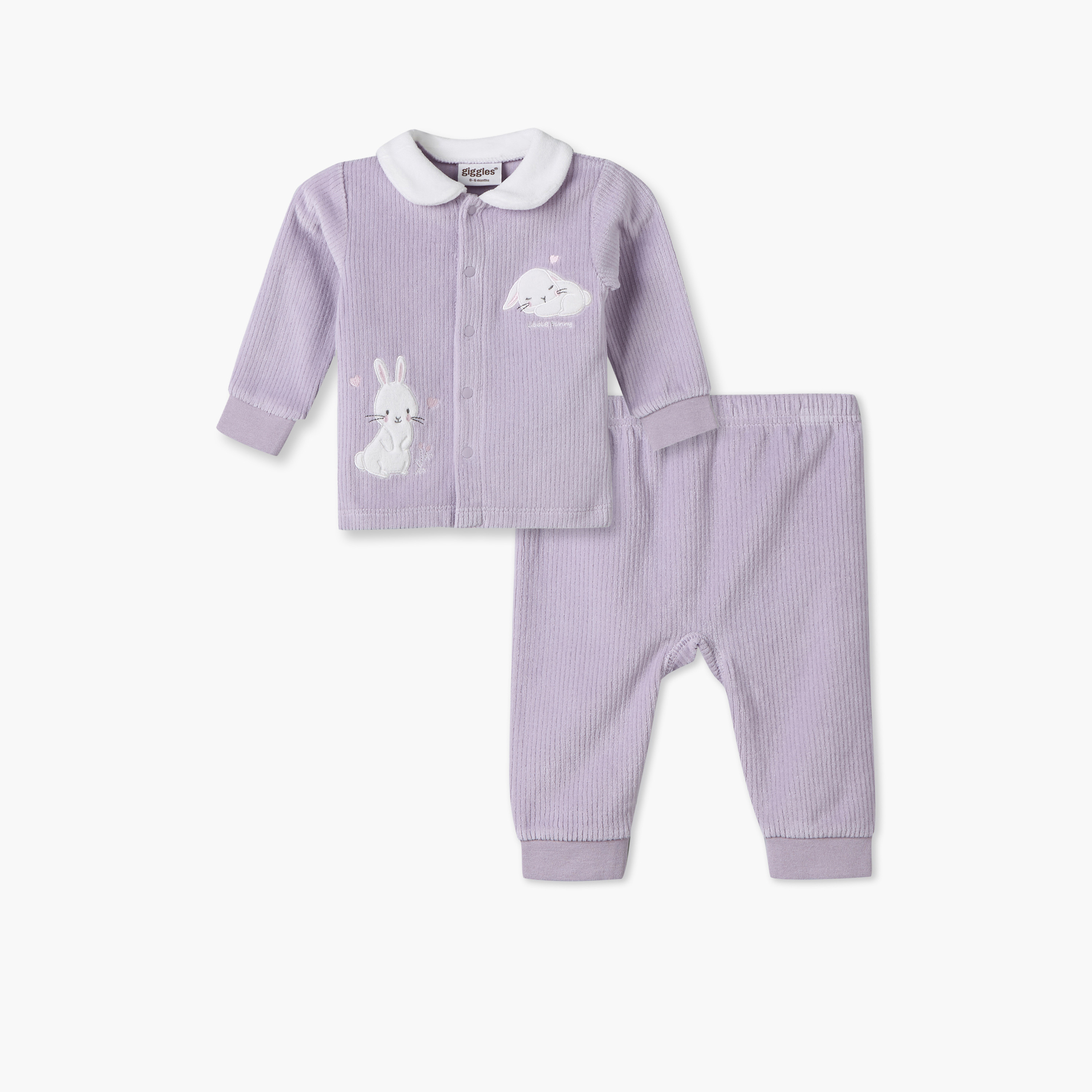 Giggles Collared Long Sleeves Pyjama Set with Bunny Applique-baby-girls-clothing-winterwear-pyjamasets-image-2