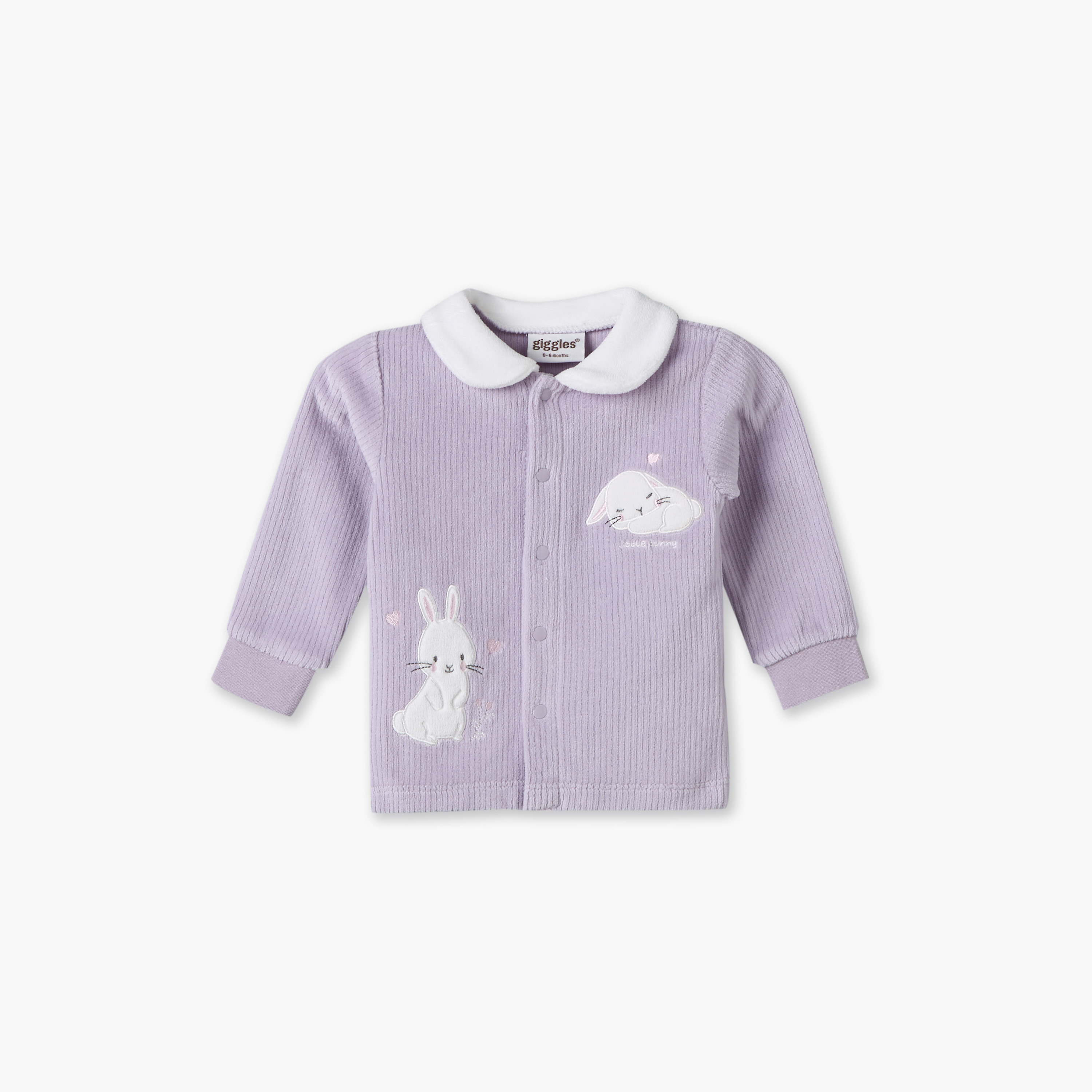 Giggles Collared Long Sleeves Pyjama Set with Bunny Applique-baby-girls-clothing-winterwear-pyjamasets-image-3