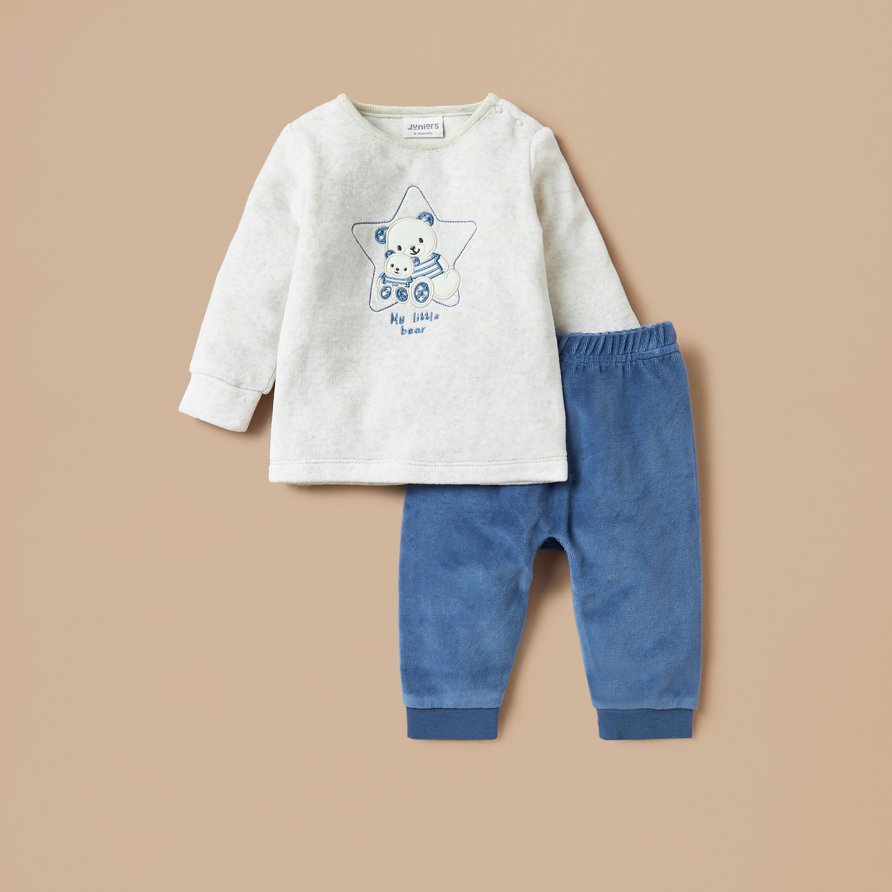 Juniors Bear Embroidered Velour T-shirt and Pyjama Set-baby-boys-clothing-winterwear-setsandcoords-image-1