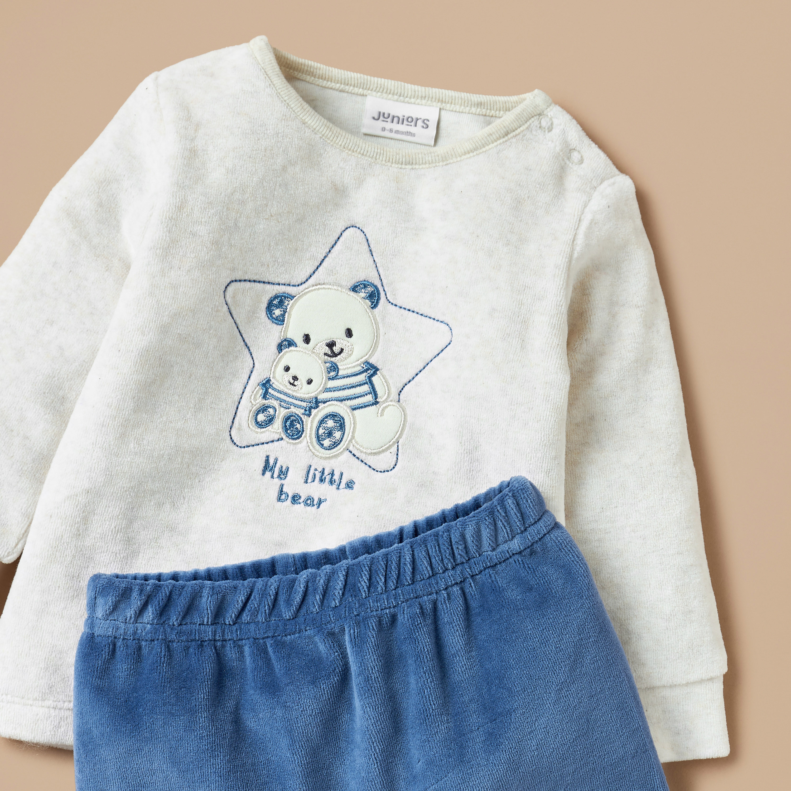 Juniors Bear Embroidered Velour T-shirt and Pyjama Set-baby-boys-clothing-winterwear-setsandcoords-image-4