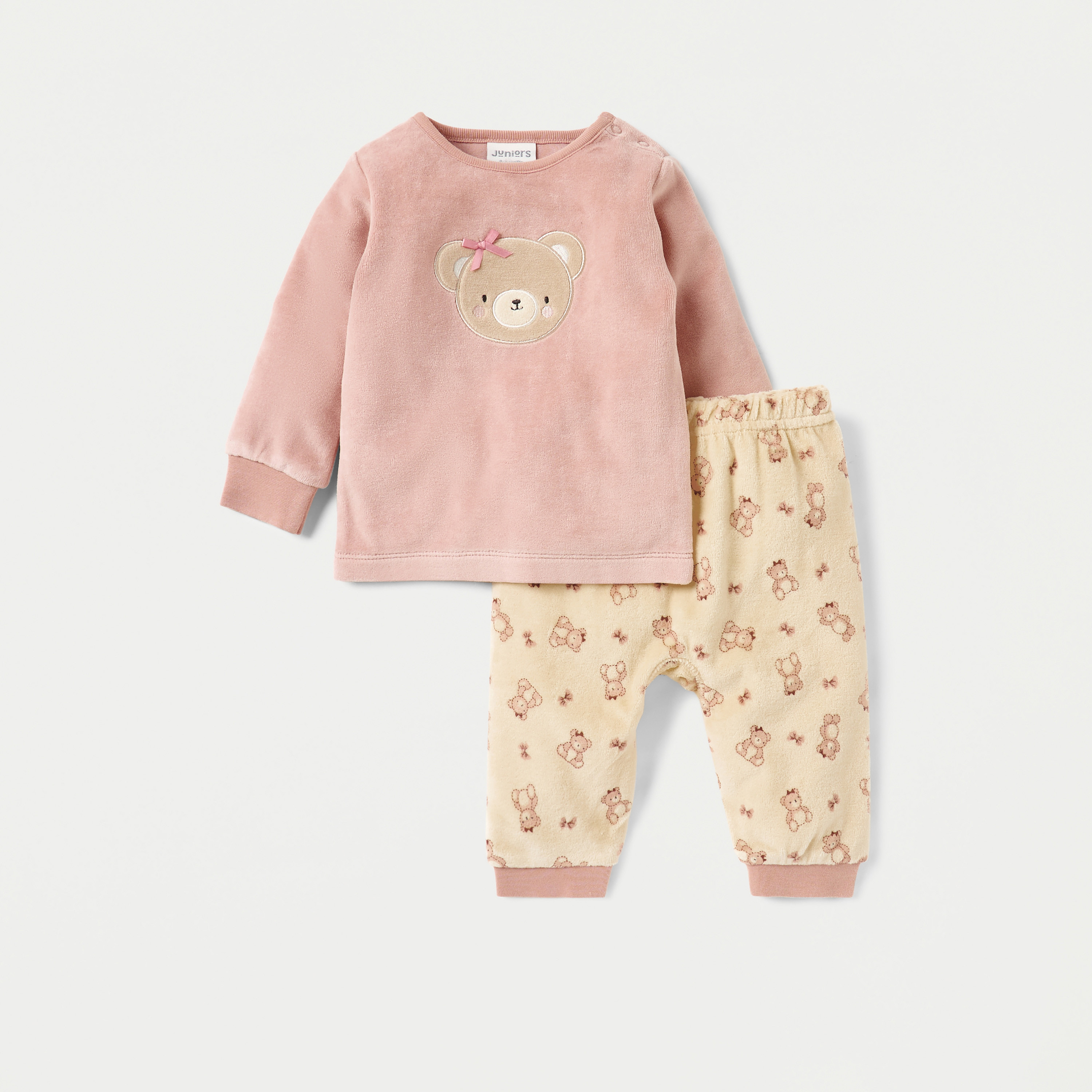 Juniors Bear Print Velour T-shirt and Pyjama Set-baby-girls-clothing-nightwear-pyjamasets-image-1