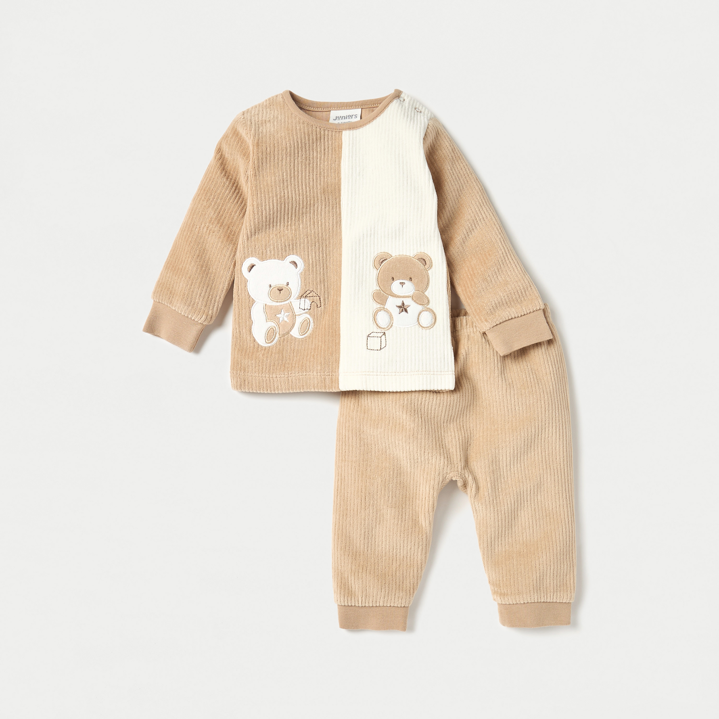 Juniors Bear Applique Velour Long Sleeve T-shirt and Elasticated Pyjama Set-baby-boys-clothing-nightwear-pyjamasets-image-1