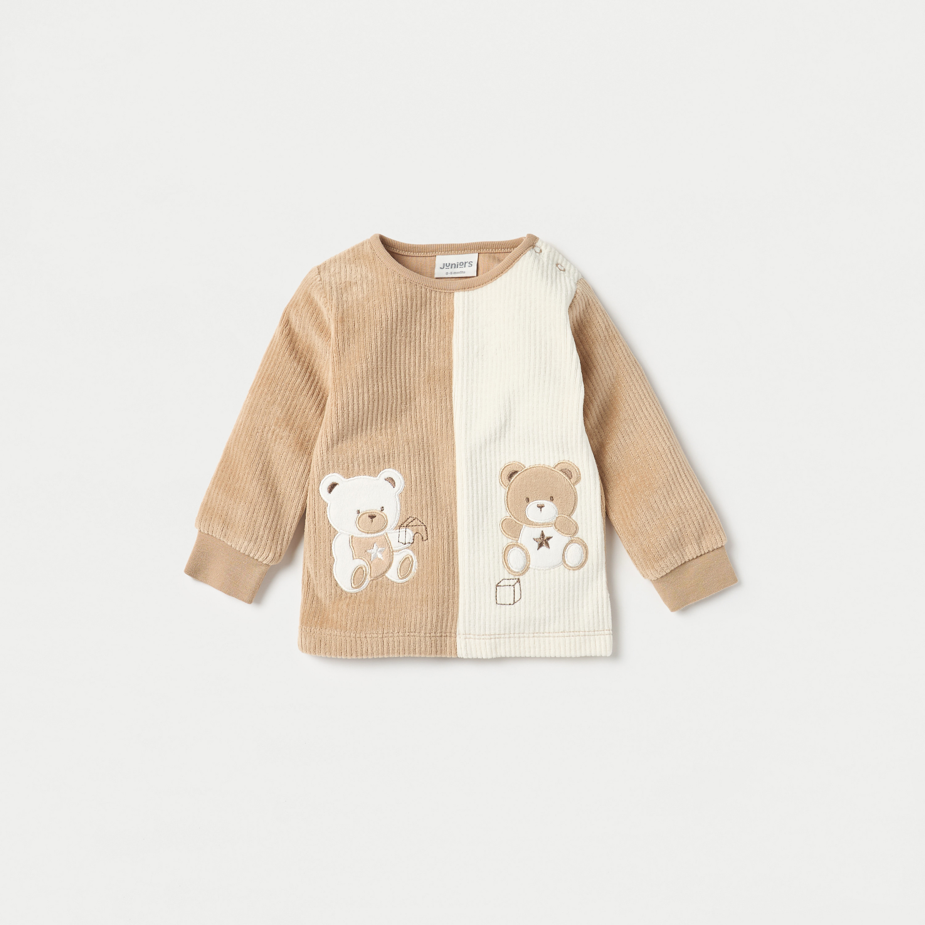Juniors Bear Applique Velour Long Sleeve T-shirt and Elasticated Pyjama Set-baby-boys-clothing-nightwear-pyjamasets-image-2