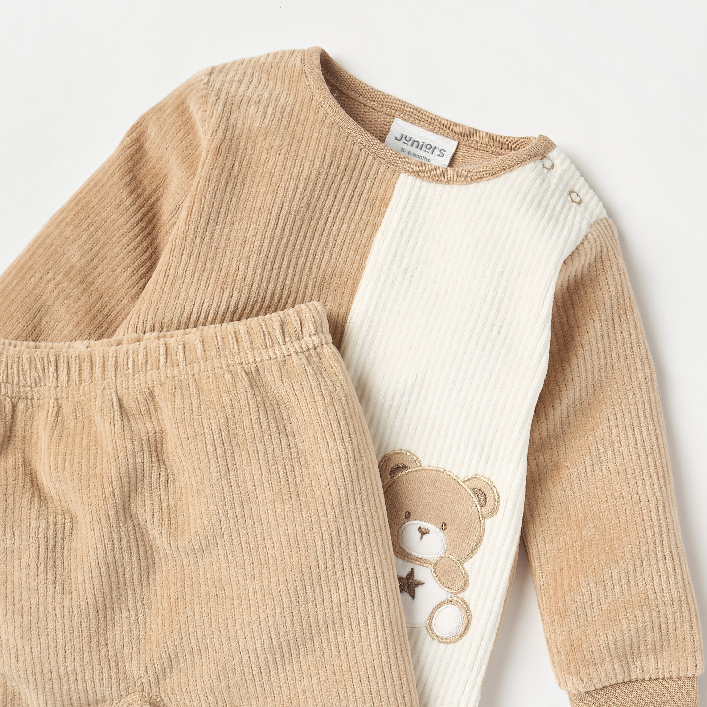 Juniors Bear Applique Velour Long Sleeve T-shirt and Elasticated Pyjama Set-baby-boys-clothing-nightwear-pyjamasets-image-4